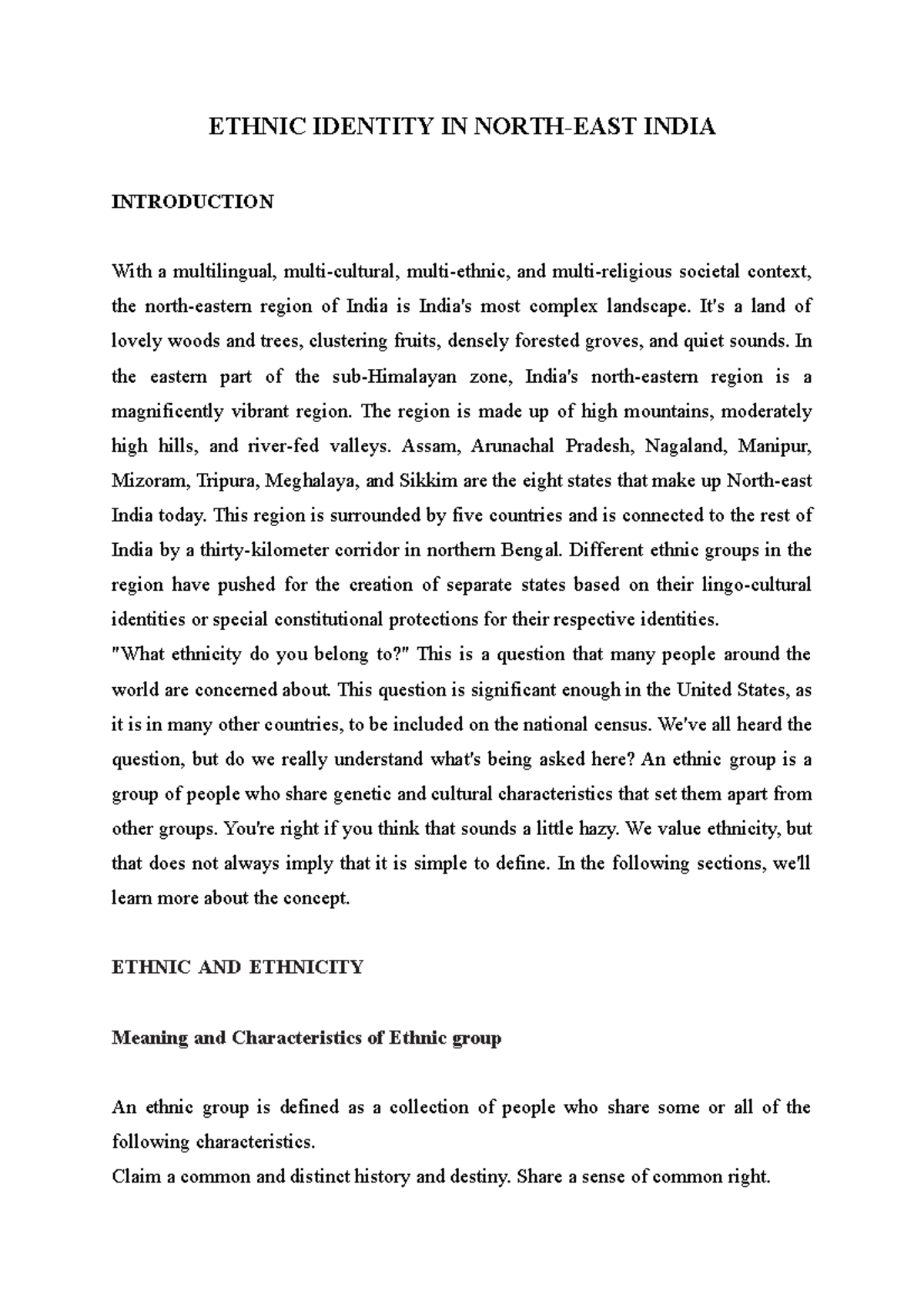 Ethnic Identity IN NorthEAST India ETHNIC IDENTITY IN NORTHEAST