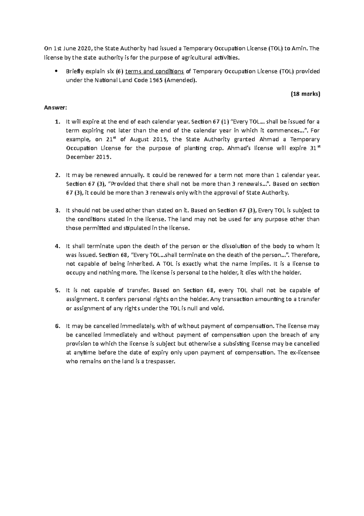 Explanation of 6 terms and conditions of TOL - On 1st June 2020, the ...