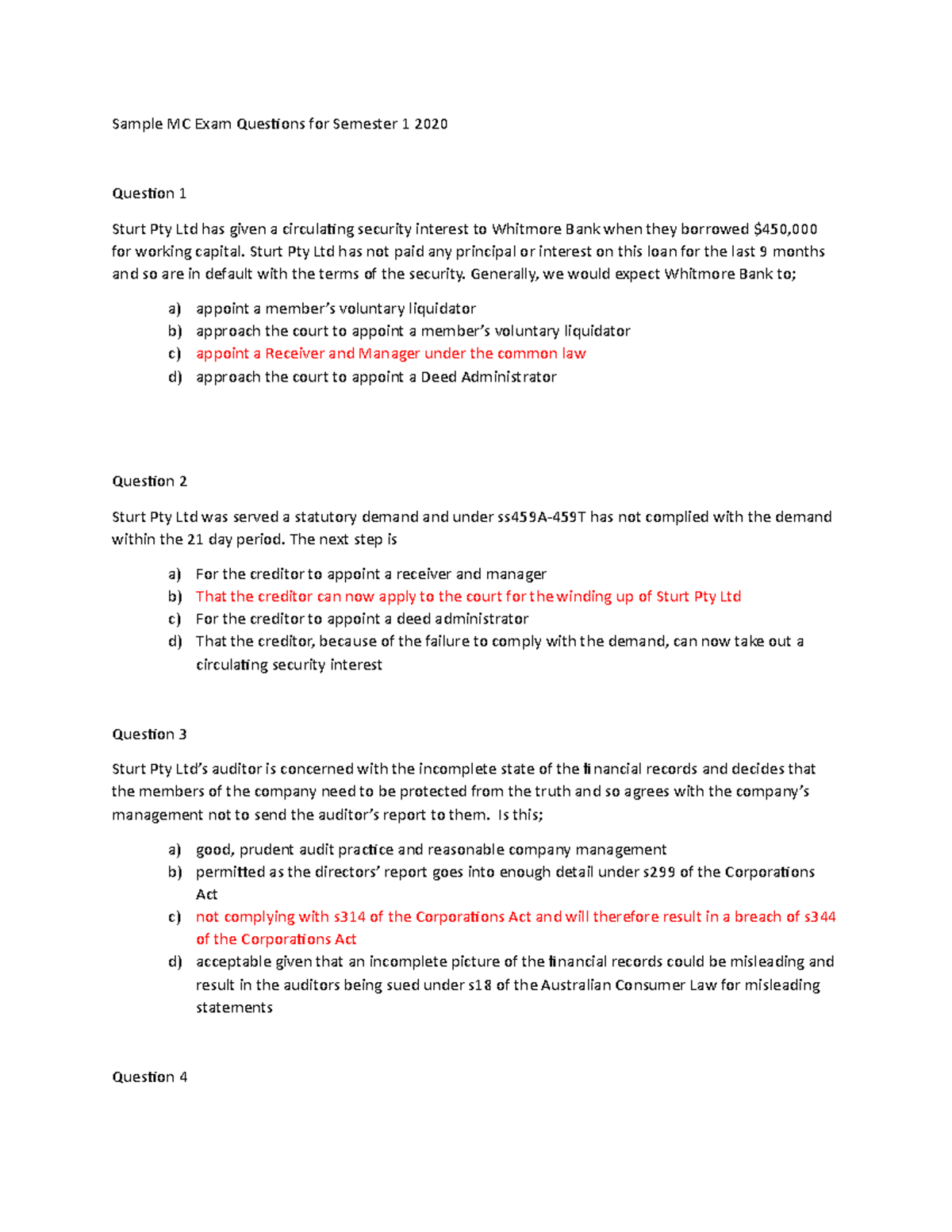 Sample/practice exam 1 June 2020, questions - Sample MC Exam Questions ...