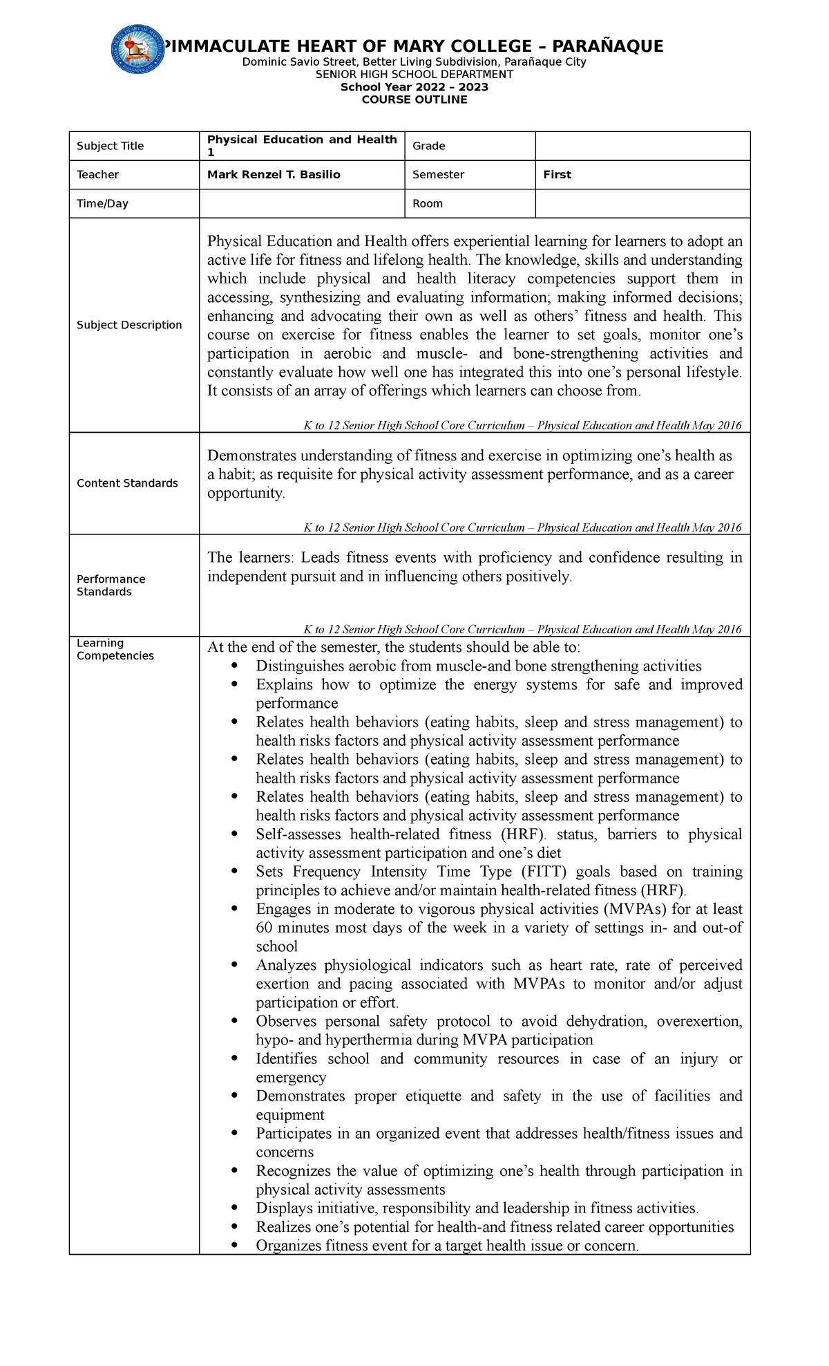 Course-Outline for P.E H 1 - PIMMACULATE HEART OF MARY COLLEGE ...