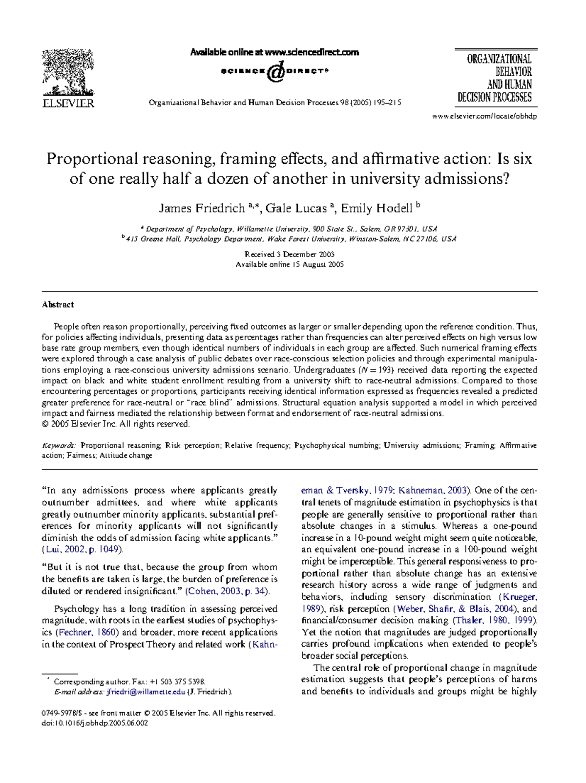 Proportional reasoning framing effects a Organizational Behavior and