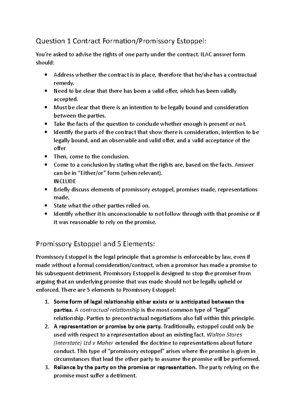 Law Notes for Final Exam - Question 1 Contract Estoppel: asked to ...