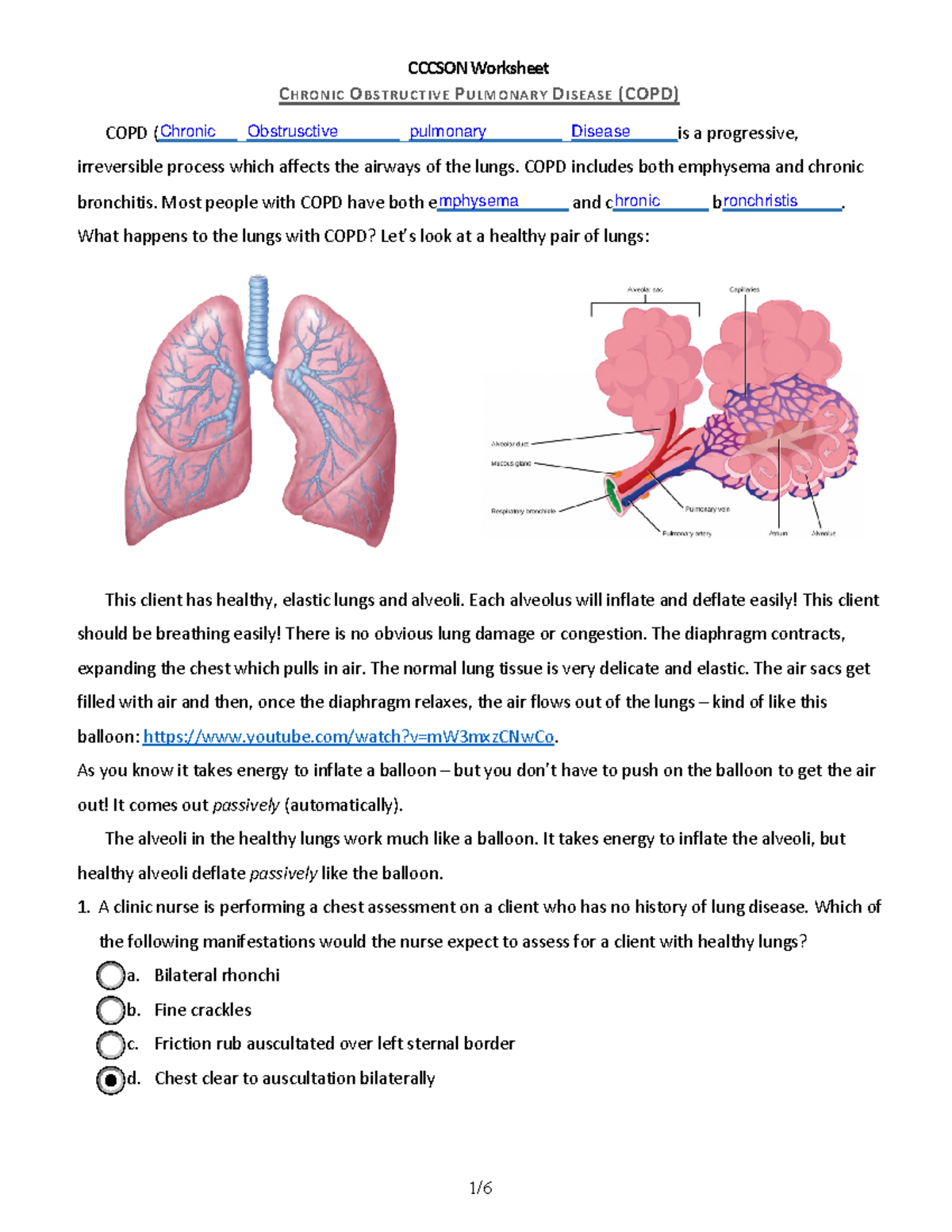 COPD Exam 2 worksheet - study notes - CCCSON Worksheet CHRONIC ...