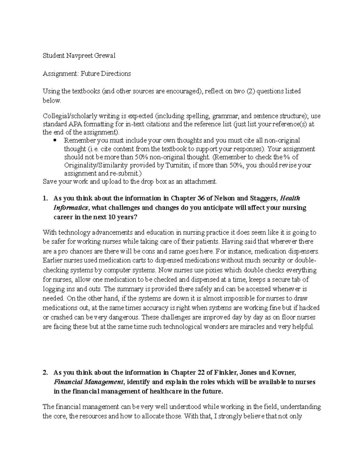 Week 15 Future Directions navpreet - Student Navpreet Grewal Assignment ...