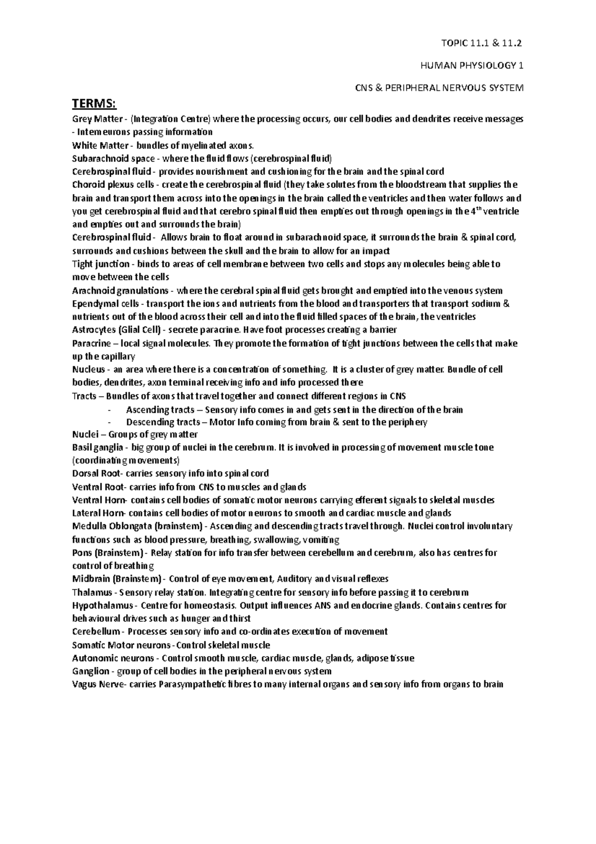Topic 11.1 & 11.2 Summary Notes - HUMAN PHYSIOLOGY 1 CNS & PERIPHERAL ...