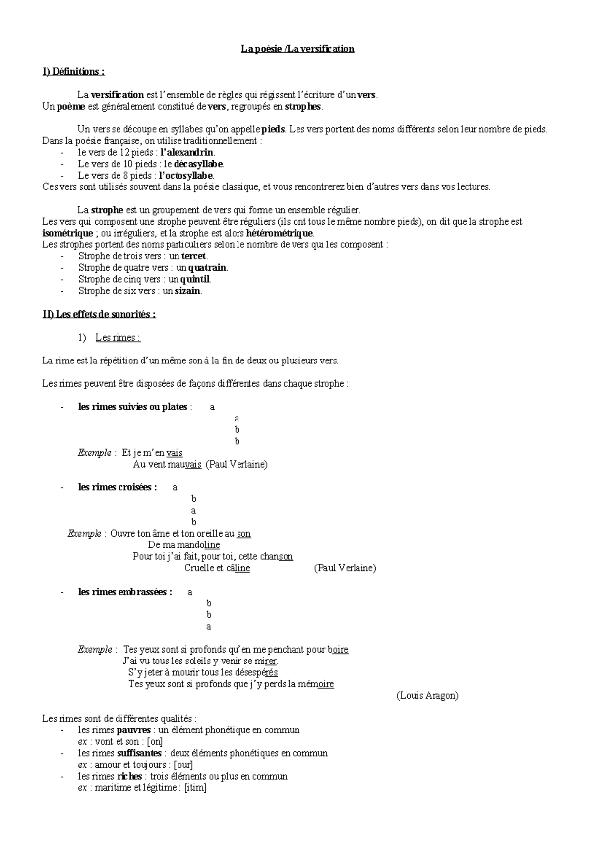 La poésie La versification - La poésie /La versification I) Définitions ...