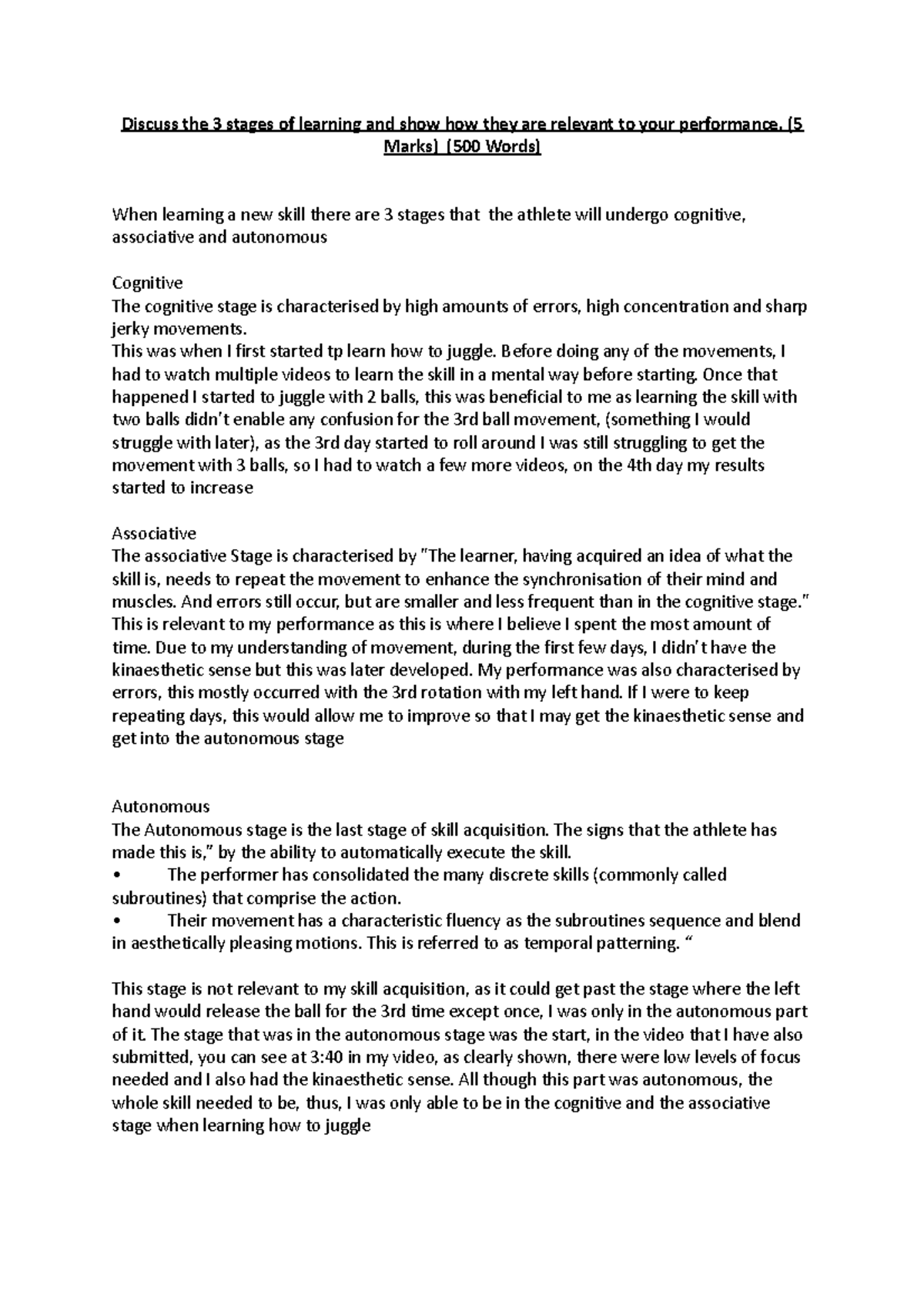 Pdhpe At1 Questions and Graph - Discuss the 3 stages of learning and ...