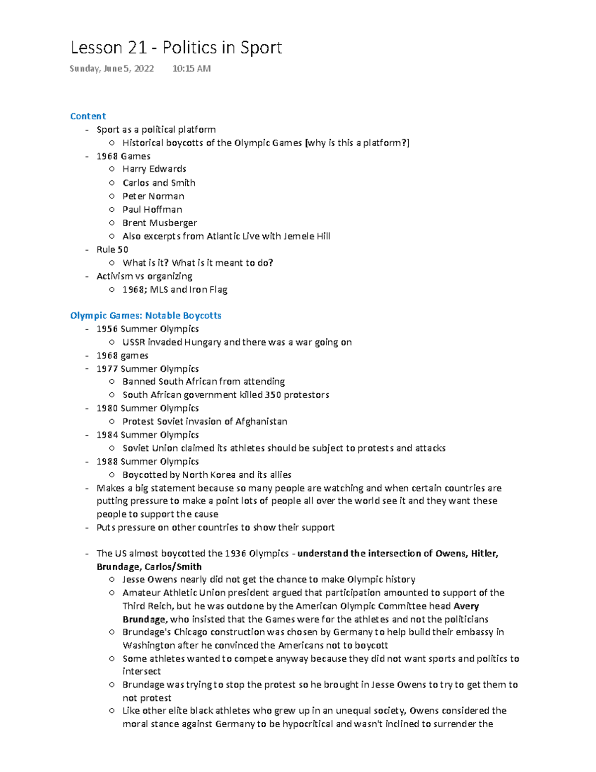 Spmgt 101 Lecture 21 - Content Sport As A Political Platform Historical ...