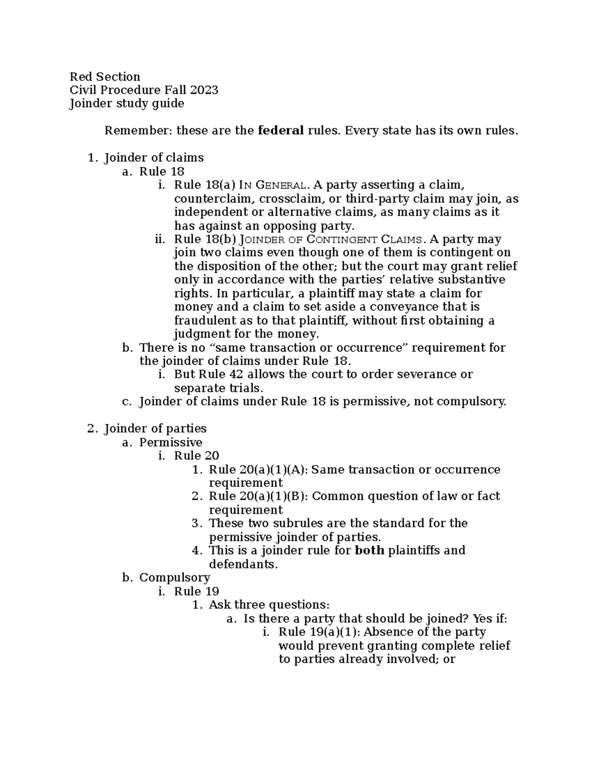 Joinder outline - Red Section Civil Procedure Fall 2023 Joinder study ...