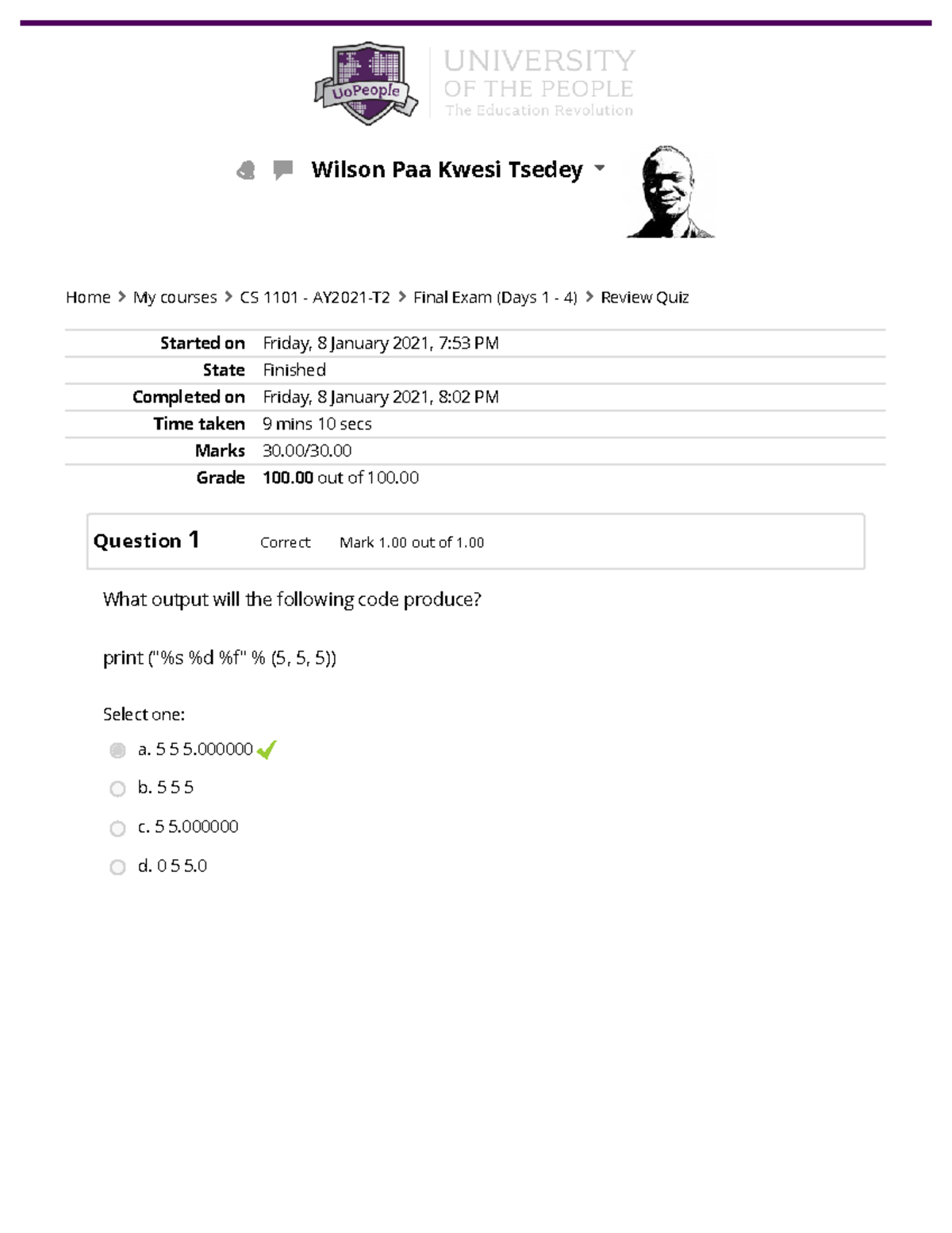 CS 1101 Review Quiz Attempt Review 4 - Started On Friday, 8 January ...