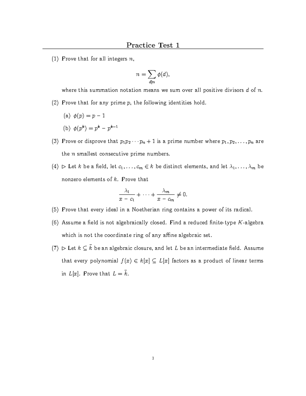 Practice Test 1 - Noetherian ring - Practice Test 1 (1) Prove that for ...