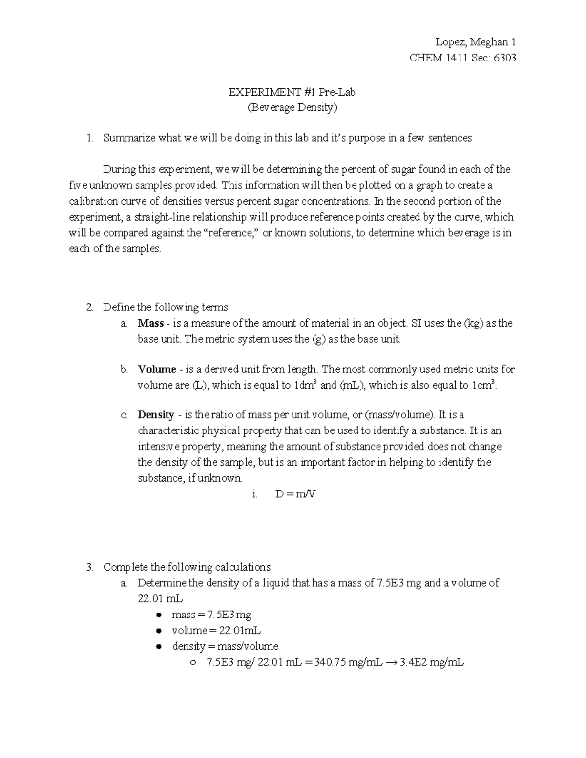 1 Beverage Density Experiment PreLab (1) Lopez, Meghan Lopez