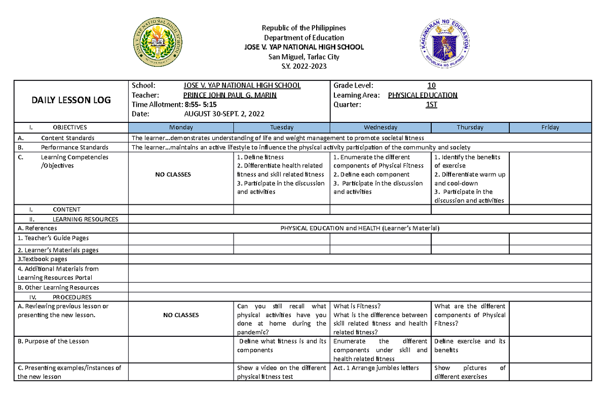 DLL-PE week 1 - daily lesson log - Republic of the Philippines ...