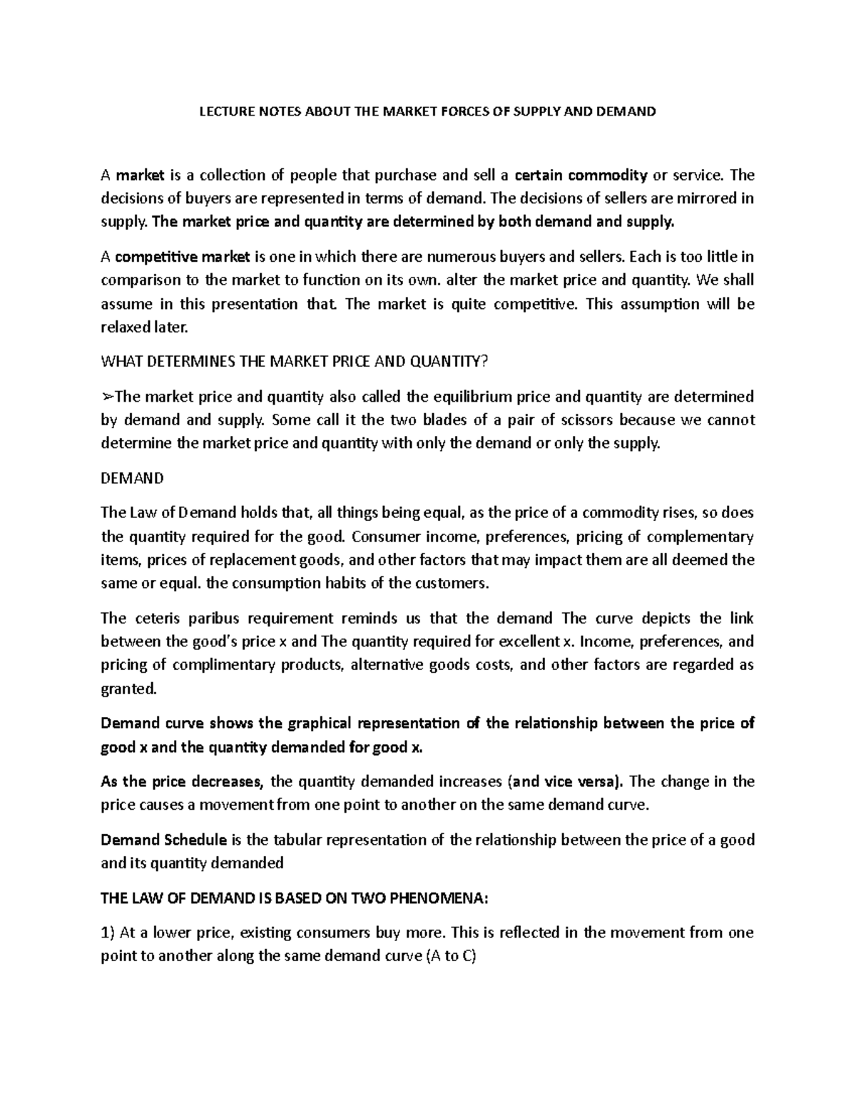 Lecture Notes About THE Market Forces OF Supply AND Demand - LECTURE ...