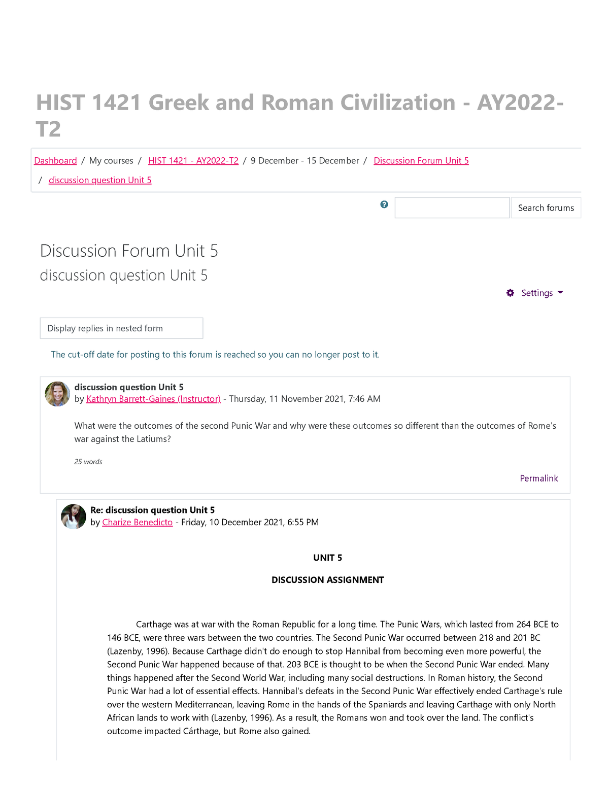 Discussion Forum Question Unit 5- Question DF5 - HIST 1421 Greek And ...