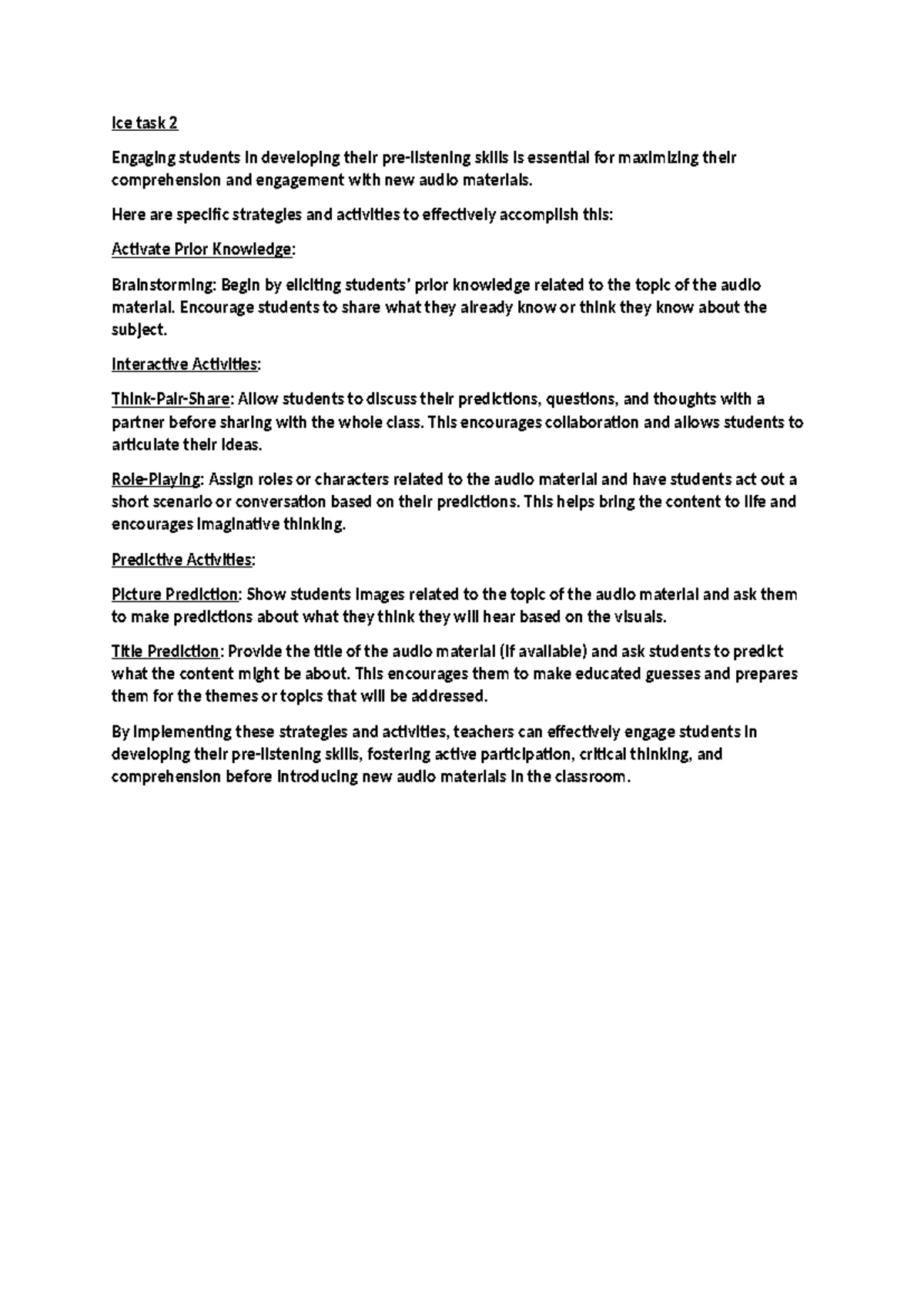 Ice task2 - dont copy - Ice task 2 Engaging students in developing ...