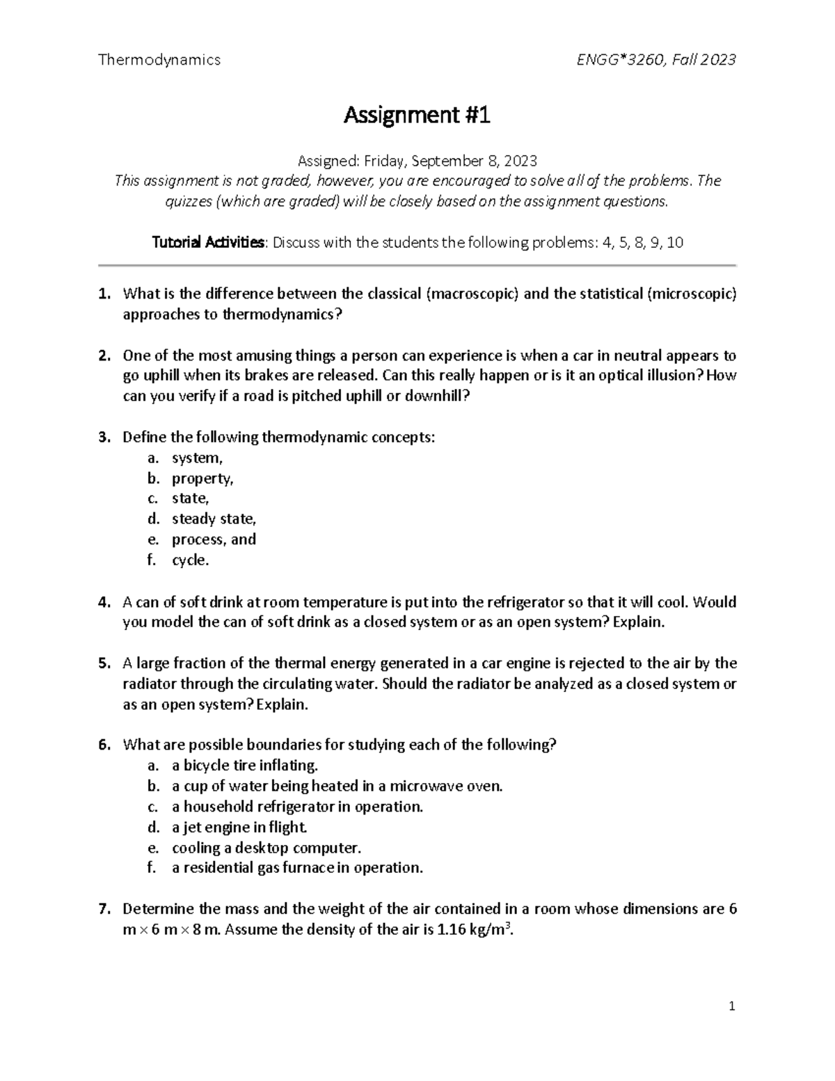 Assignment 1 Lec Thermodynamics Engg 326 0 Fall 20 23 1