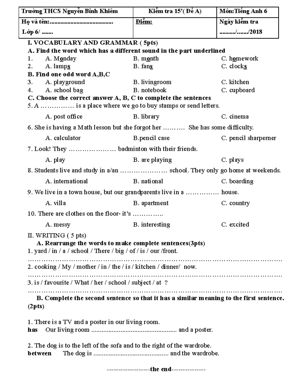 15 ANH 6 - test for unit 1-2 - Trường THCS Nguyễn Bỉnh Khiêm Kiểm tra ...