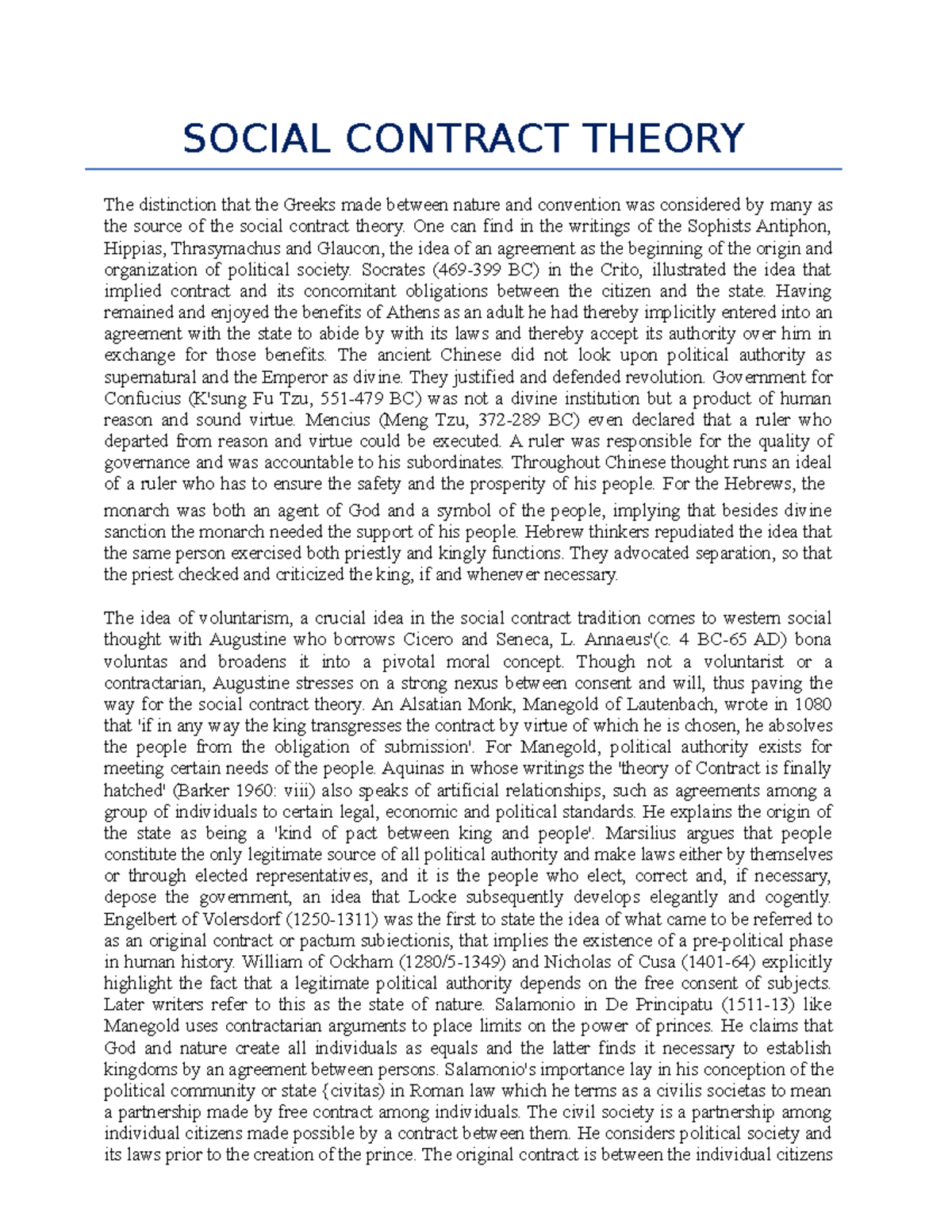 Social Contract Theory SOCIAL CONTRACT THEORY The distinction that