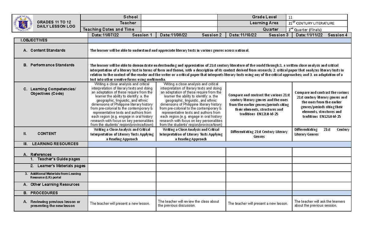 DLL-21ST - dll - GRADES 11 TO 12 DAILY LESSON LOG School Grade Level 11 ...