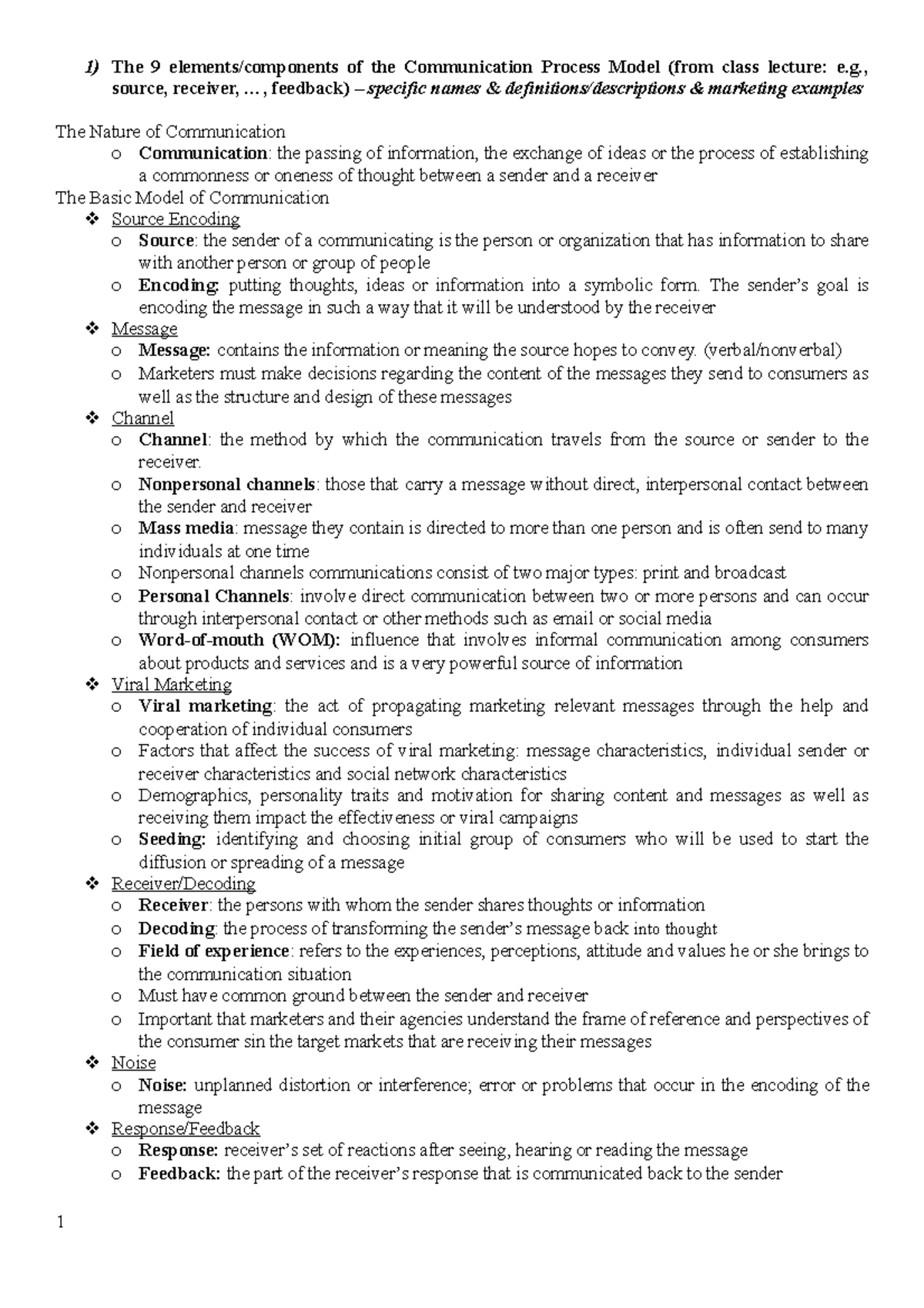 The 9 Elements Notes 1 The 9 Of The Communication Process Model 