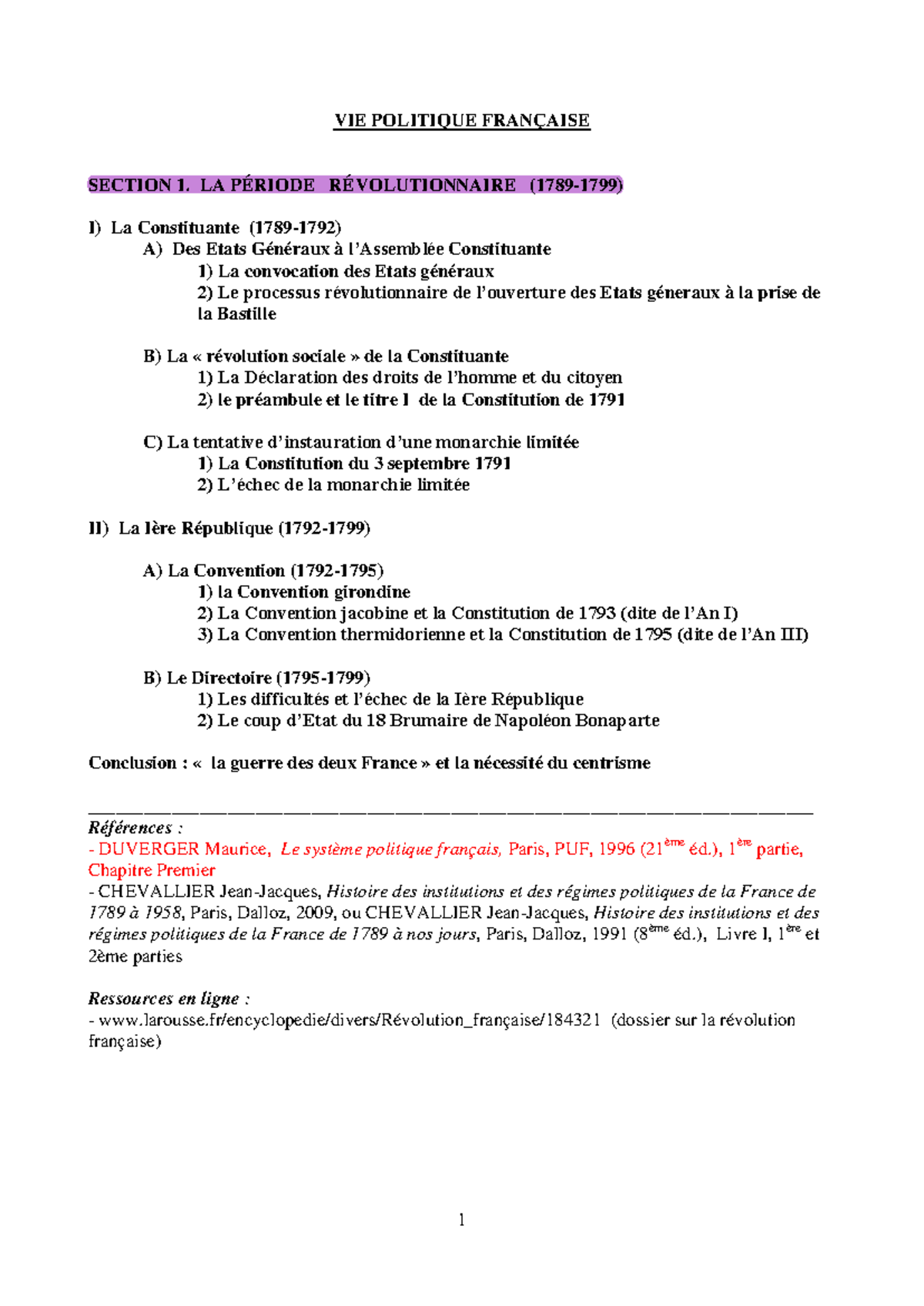VPF section 1 support de cours - VIE POLITIQUE FRANÇAISE SECTION 1. LA ...