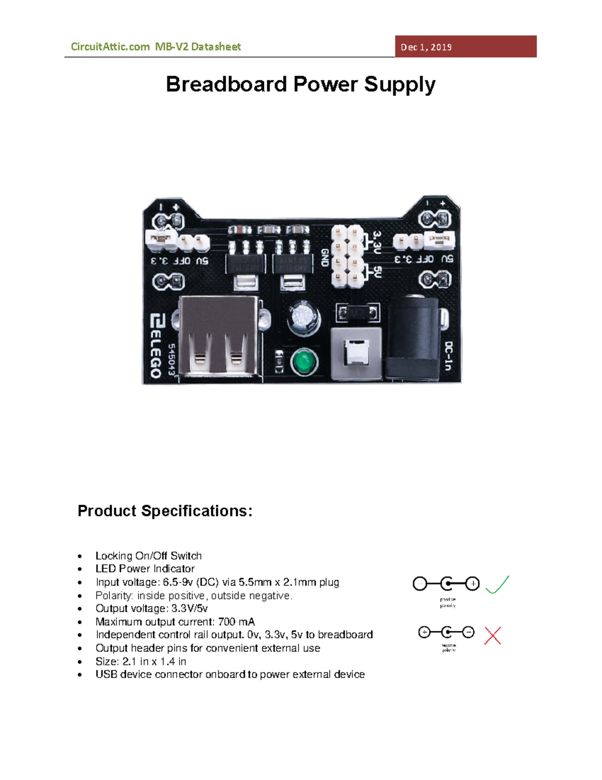 Elegoo MEGA Kit Breadboard Power Supply Module CircuitAttic MB‐V2 Datasheet Dec 1, 2019