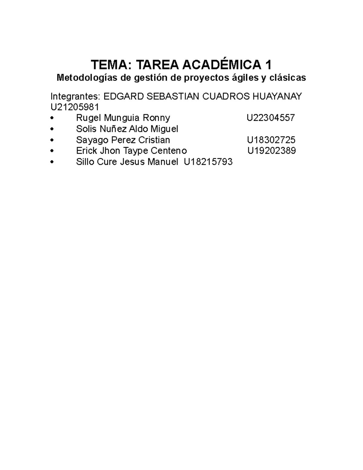 TA1 - Ta1 Semana 4 - TEMA: TAREA ACADÉMICA 1 Metodologías De Gestión De ...