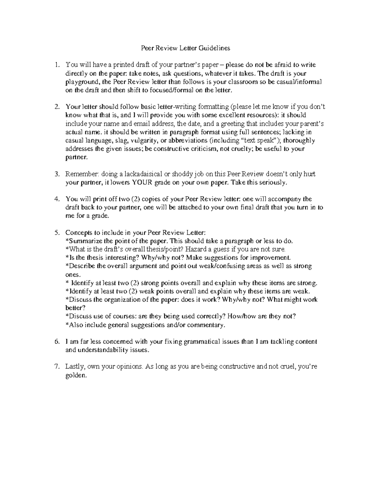 Peer Review Letter Guidlines You Will Have A Printed Draft Of Your Partners Paper Please Do 