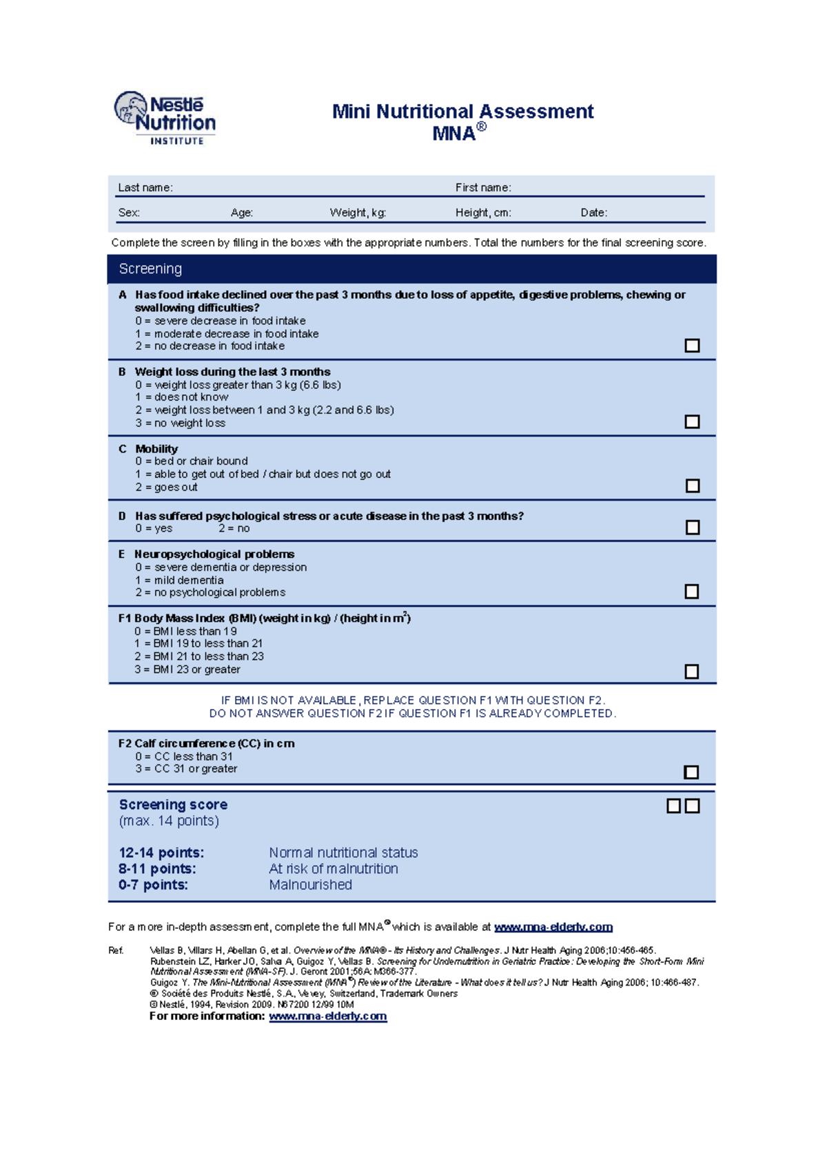 Mna Mini English - Min Mental Health Assessment Tool - Mini Nutritional ...