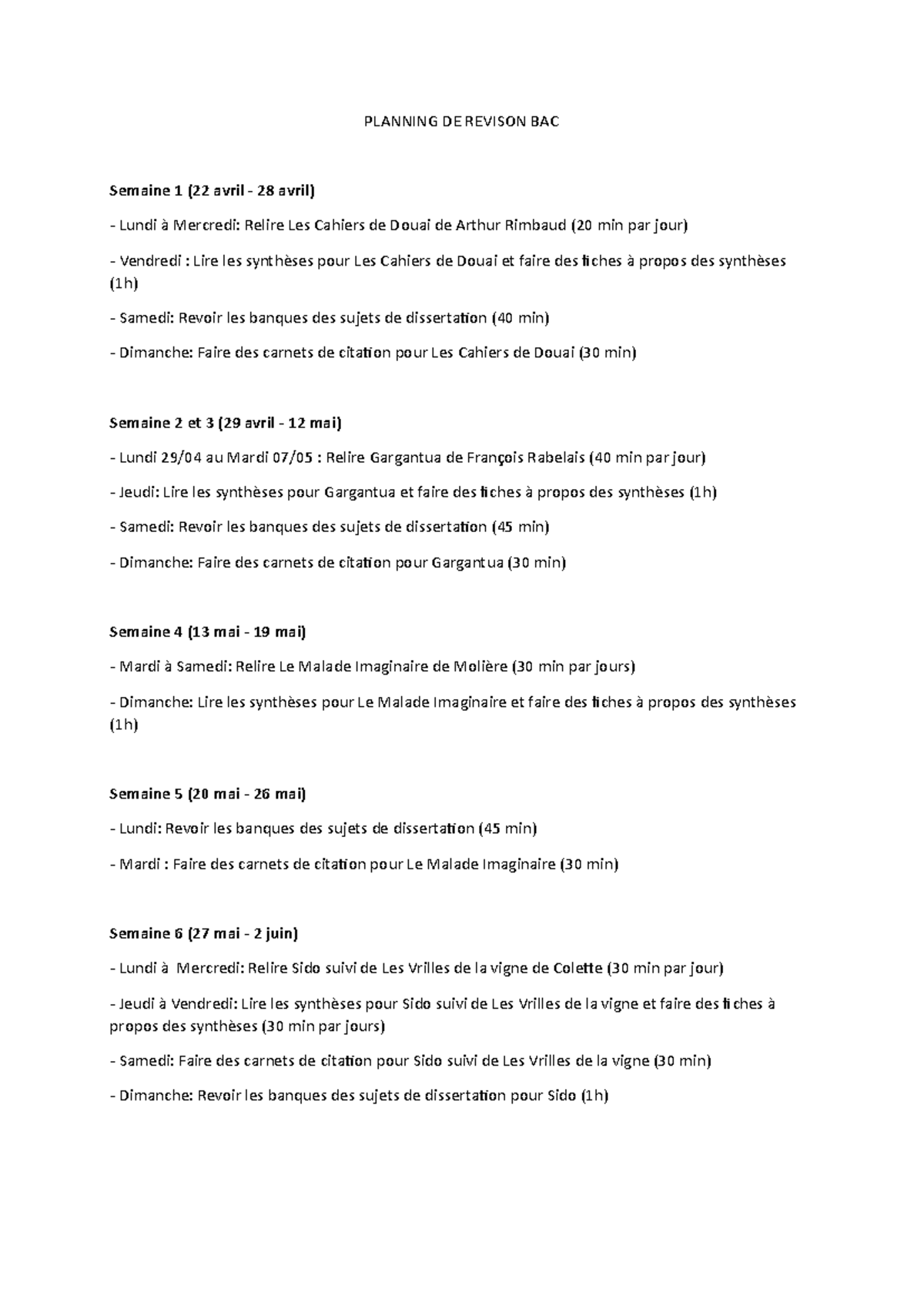 Planning DE Revison BAC - PLANNING DE REVISON BAC Semaine 1 ( 22 avril ...