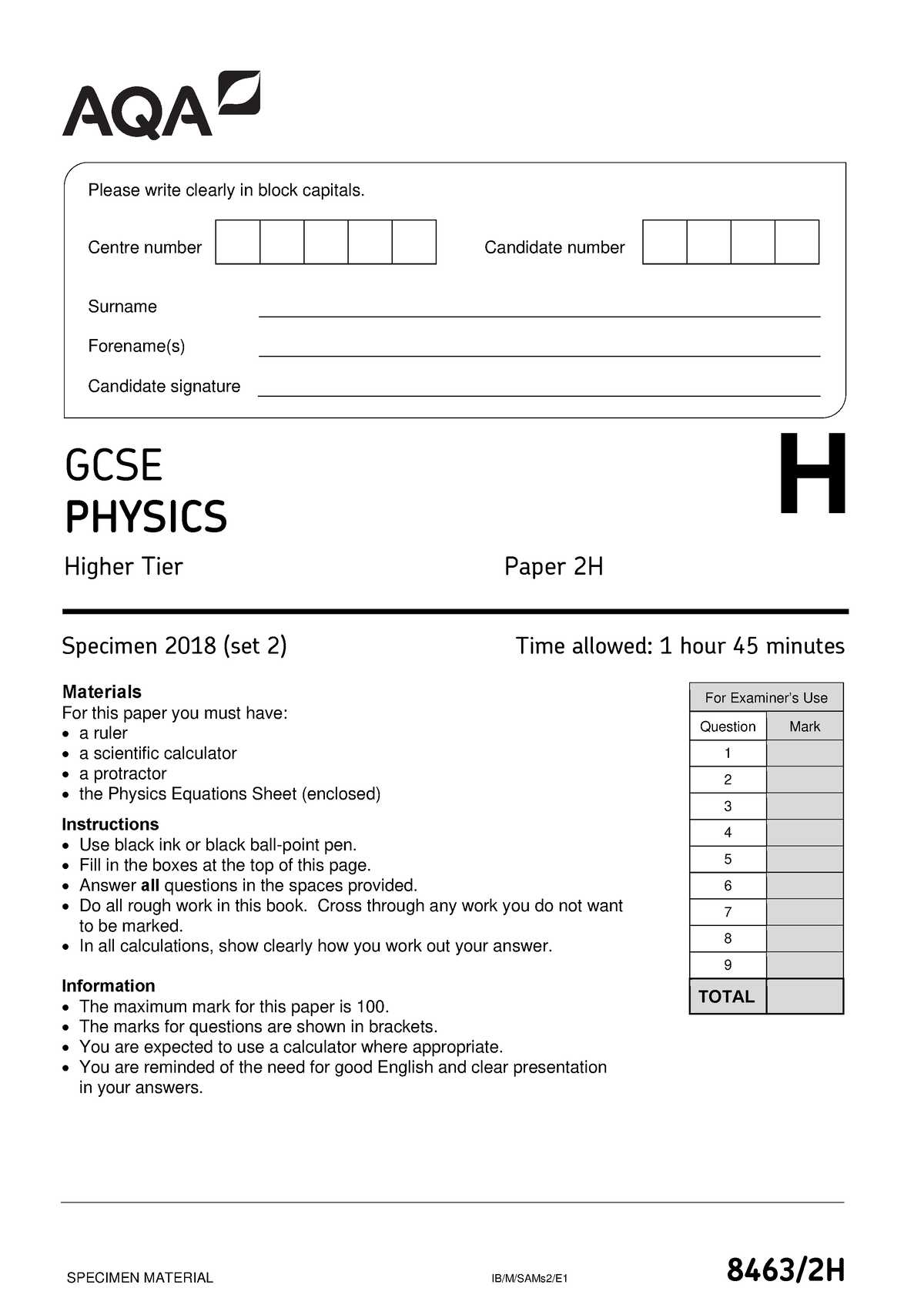 8463-2H-QP-Physics-Specimen(Set 2) V1 - SPECIMEN MATERIAL IB/M/SAMs2/E1 ...