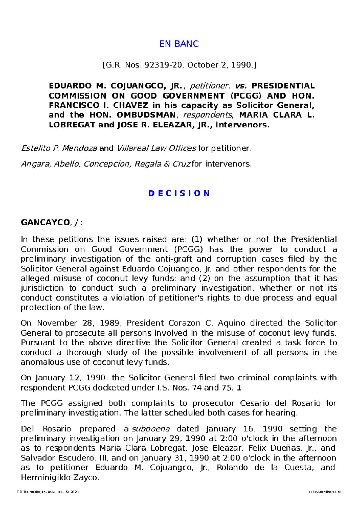 Cojuangco Jr - Case Digest - EN BANC [G. Nos. 92319-20. October 2, 1990 ...