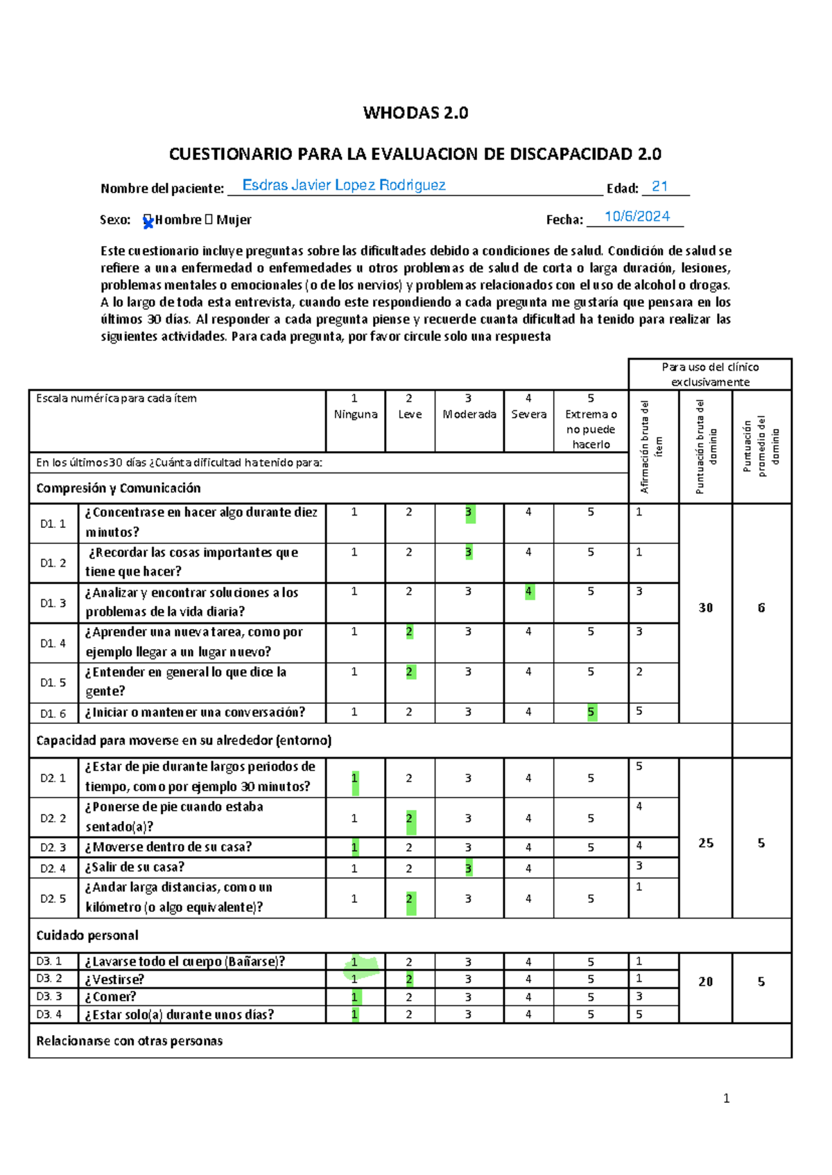 Formato Whodas 2 - 1 WHODAS 2. CUESTIONARIO PARA LA EVALUACION DE ...