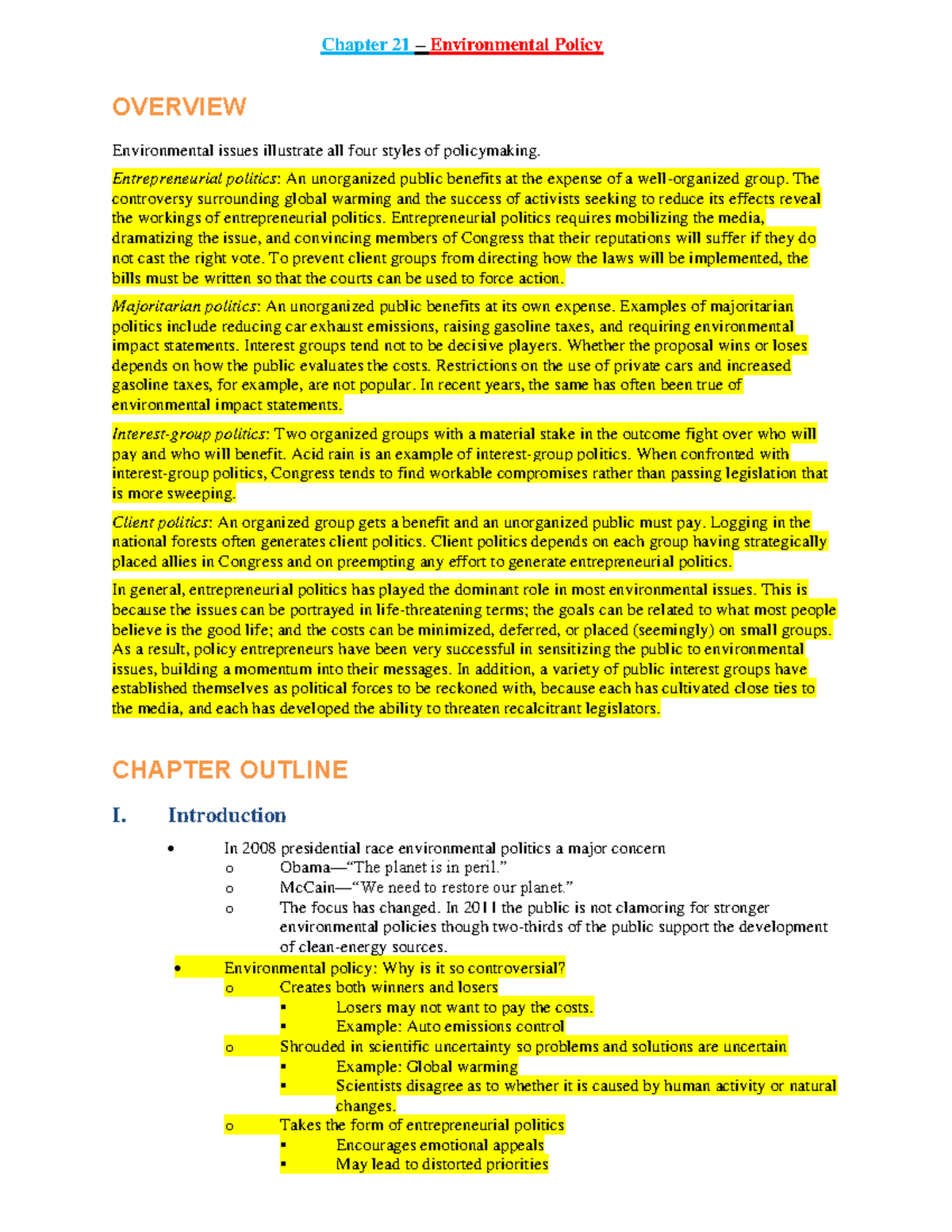Ch21 Environmental Policy - Chapter 21 – Environmental Policy OVERVIEW ...