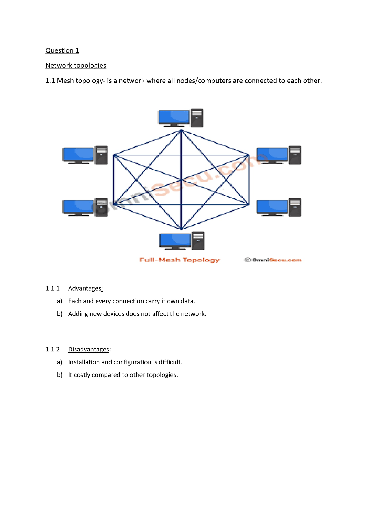 Network Question 1 - Question 1 Network Topologies 1 Mesh Topology- Is ...