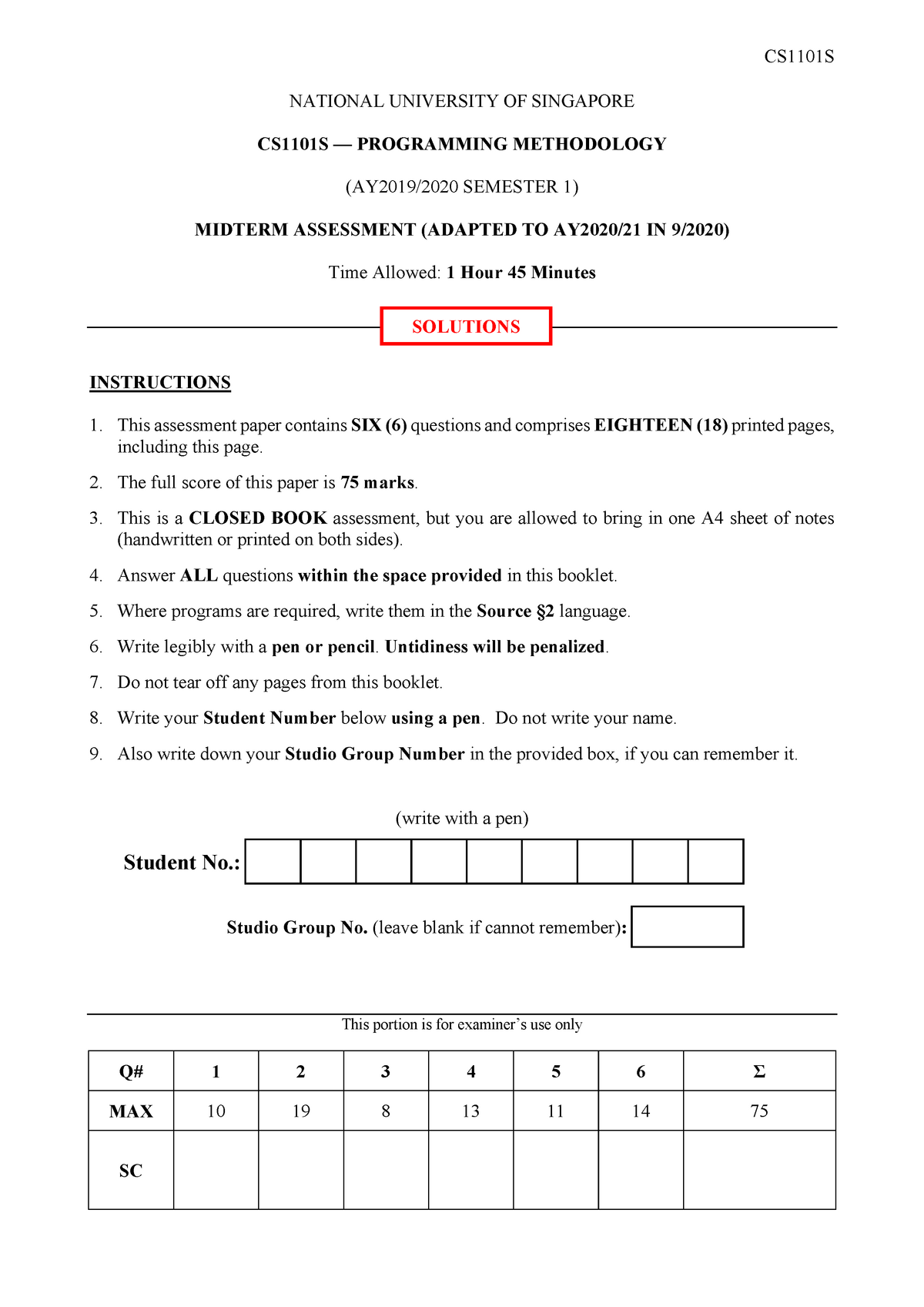 Midterm 2019, answers - NATIONAL UNIVERSITY OF SINGAPORE CS1101S ...