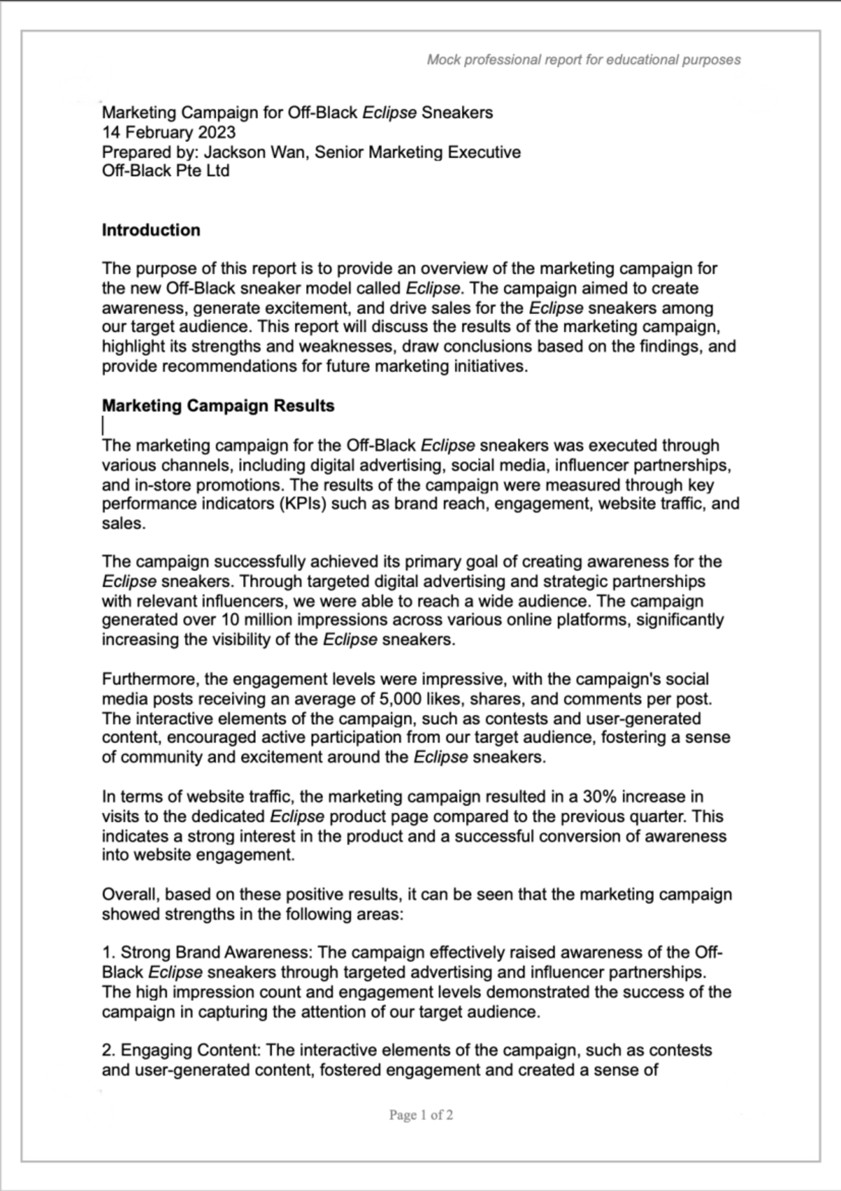 Mock Professional Report (Pages 1 and 2) For Week 11 - NCO101 - Studocu