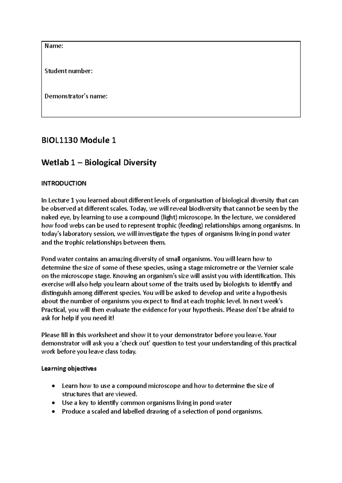 Module 1 Wetlab 1 lab notes - Name: Student number: Demonstrator’s name ...