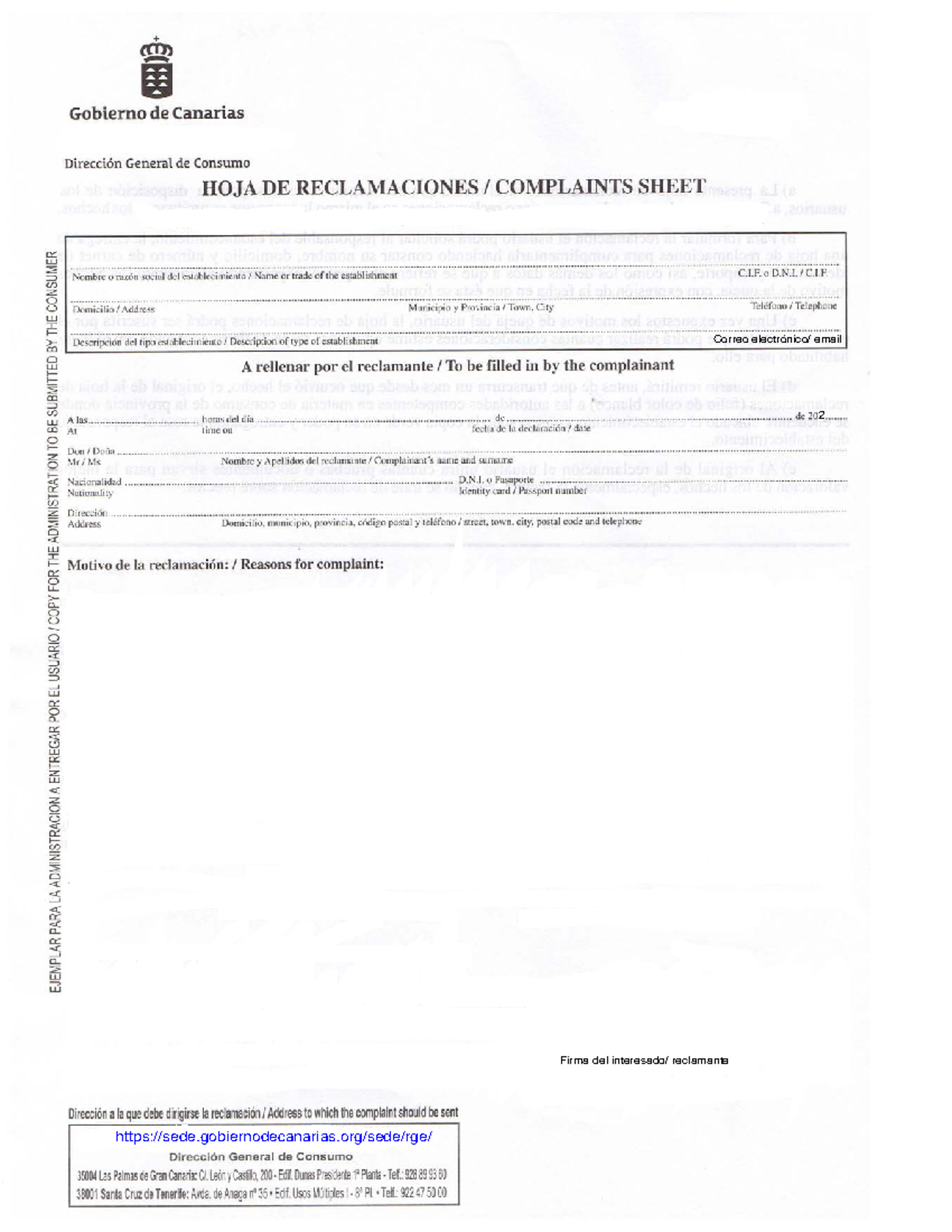 Hoja Reclamacion Gob Can - Gobierno de Canarias Dirección General de ...