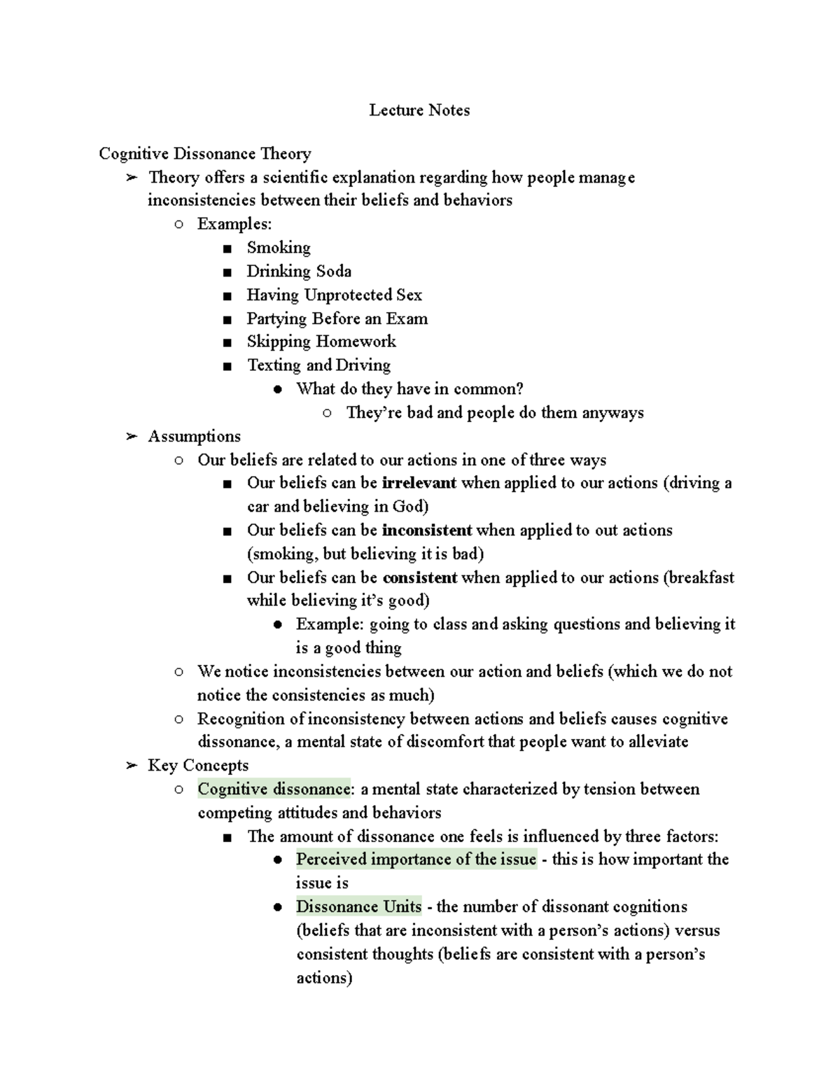 2 - lecture notes from class - Lecture Notes Cognitive Dissonance ...