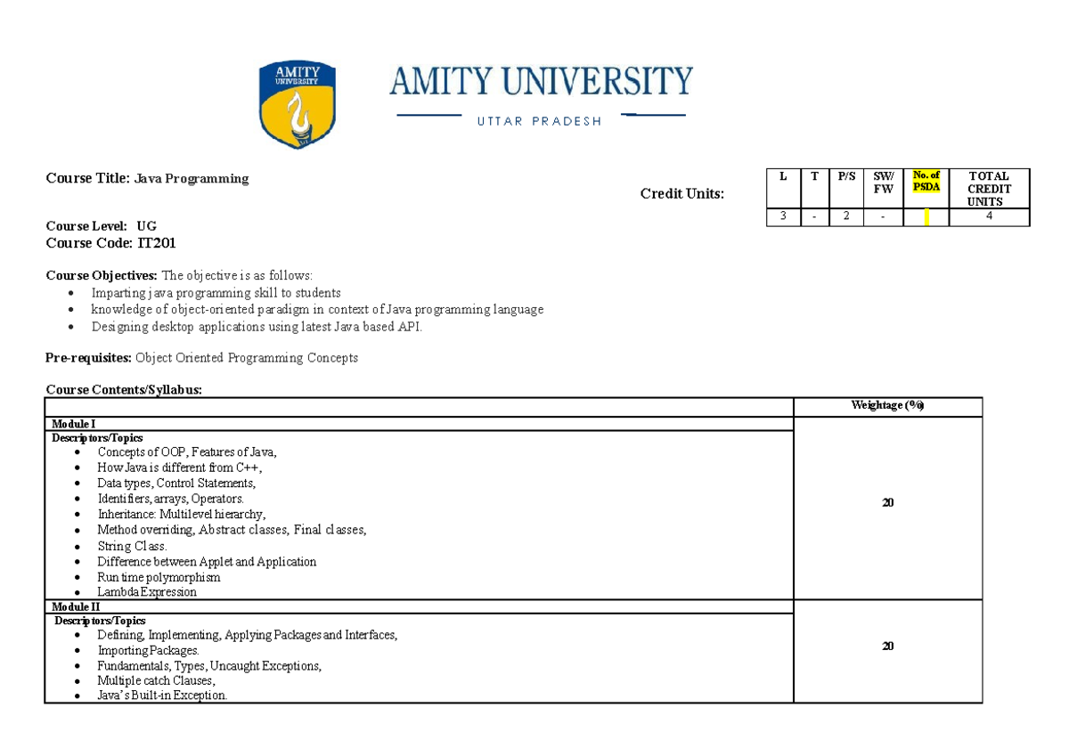 Java Programming - Java Syllabus If 4th Semester - Course Title: Java 