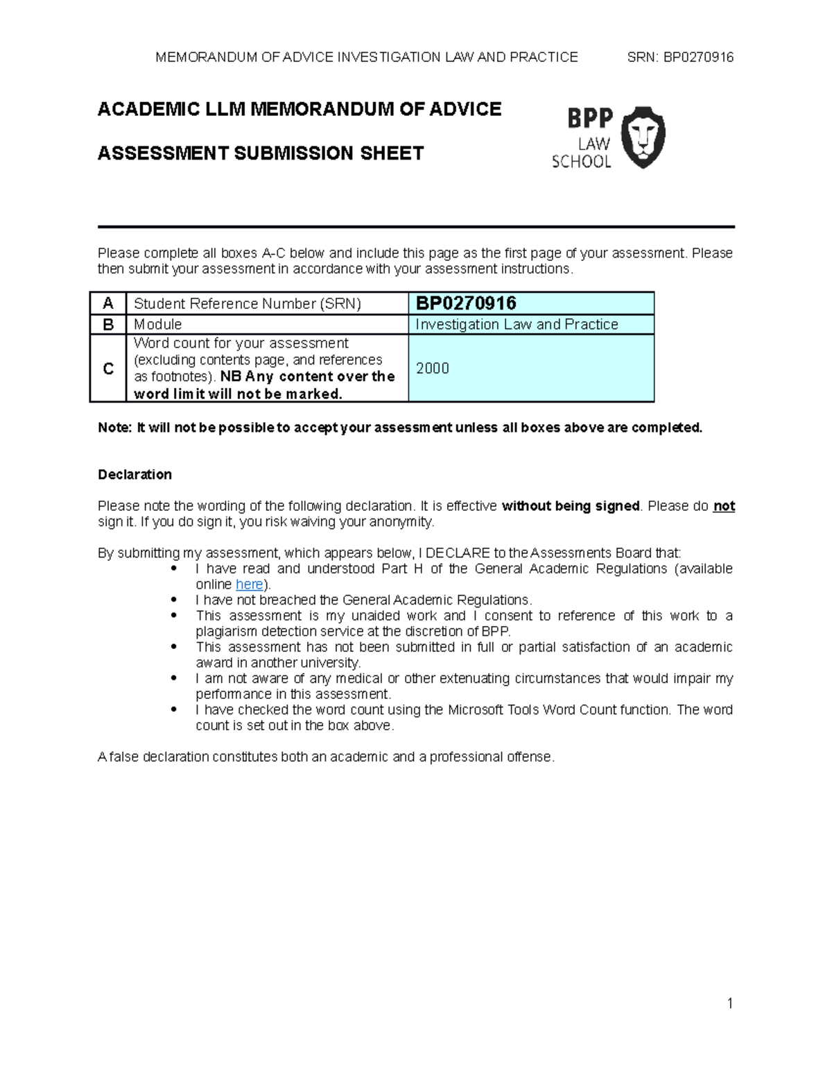 BP0270916 MOA Investigation law and practice - ACADEMIC LLM MEMORANDUM ...