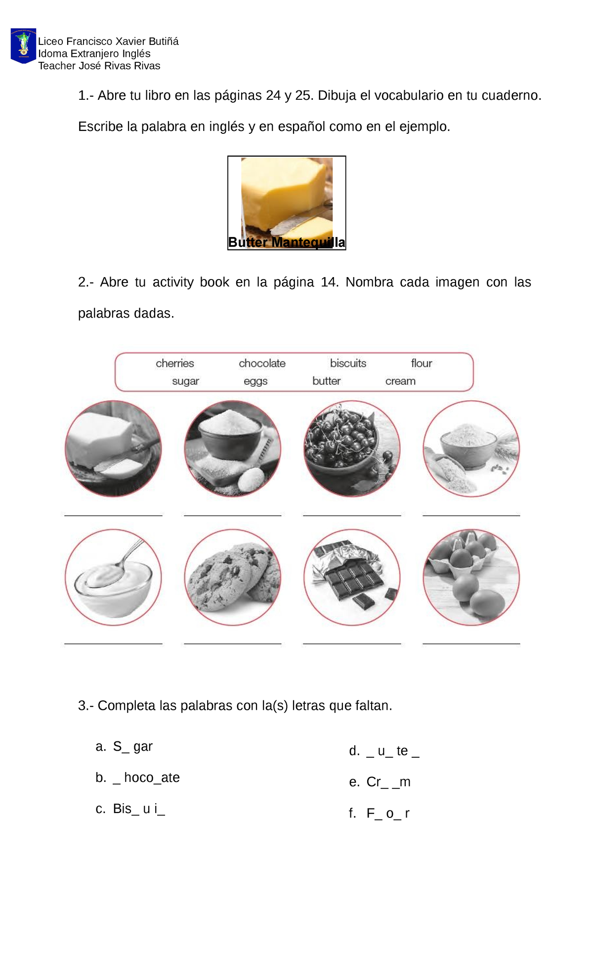 Inglés 5º Básico - trabajo de vocabulario - Butter Mantequilla Liceo ...