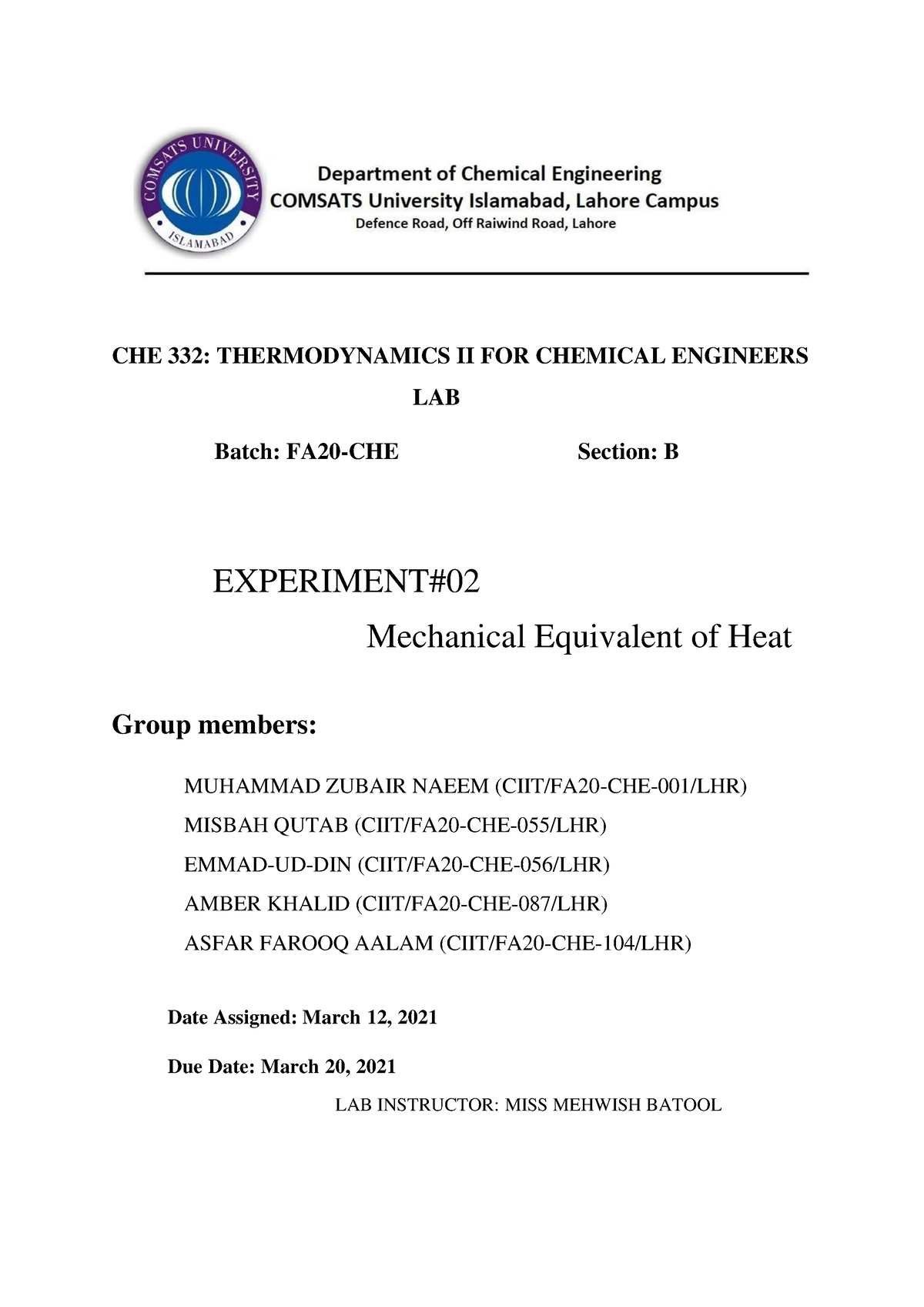 thermodynamics experiments university