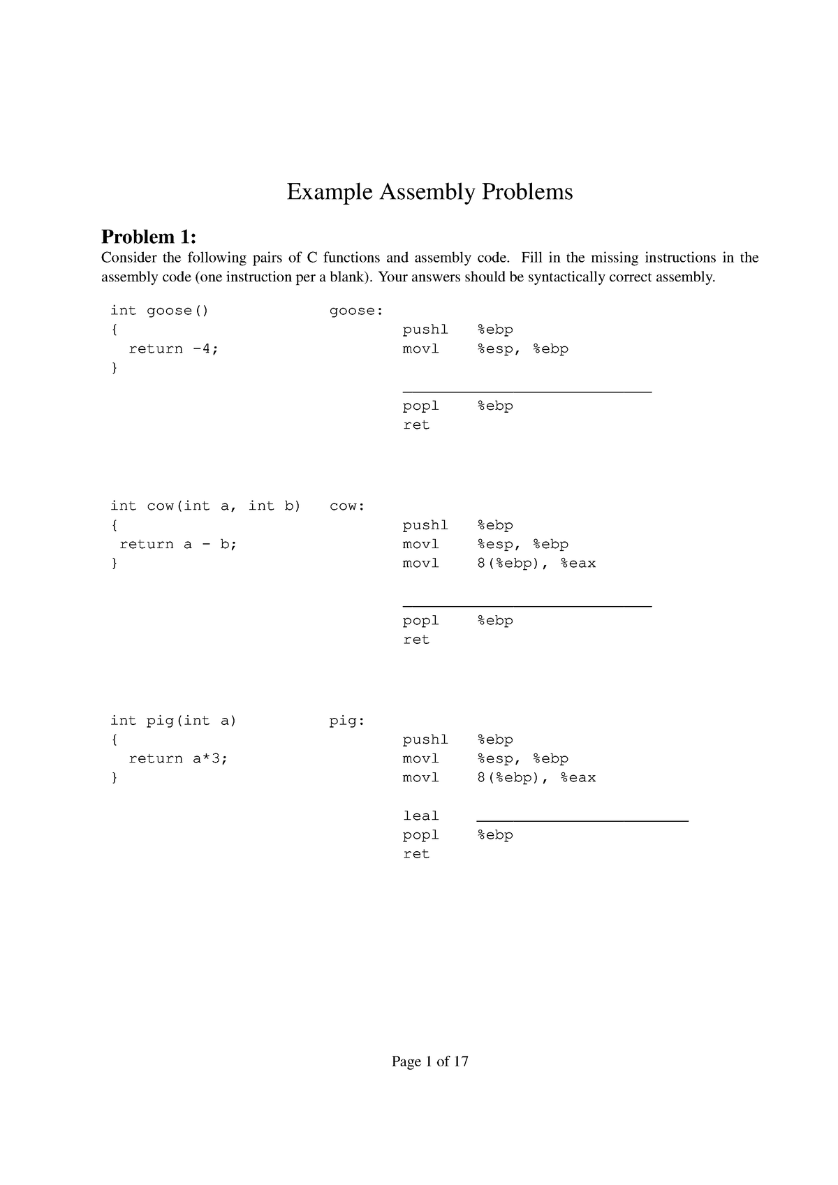 Asm examples cmu 15213 s03 Example Assembly Problems Problem 1