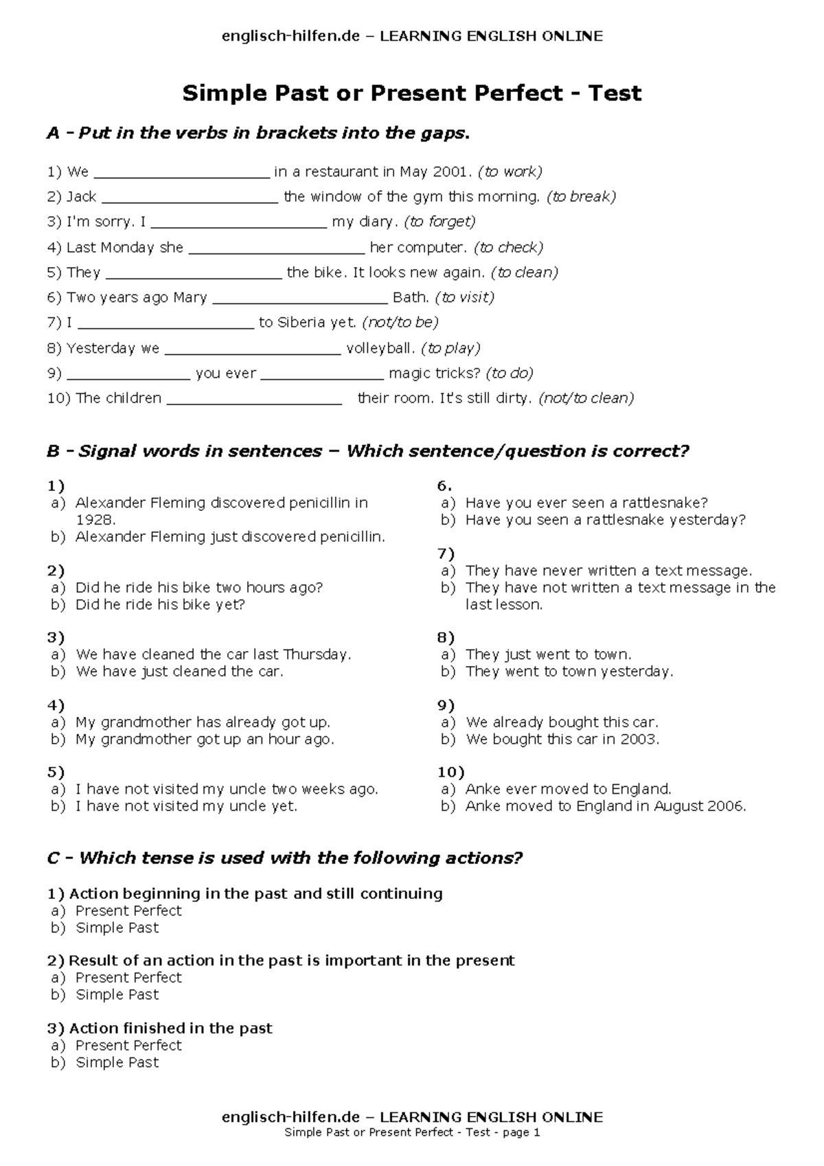 Test simple past present perfect en - - Studocu