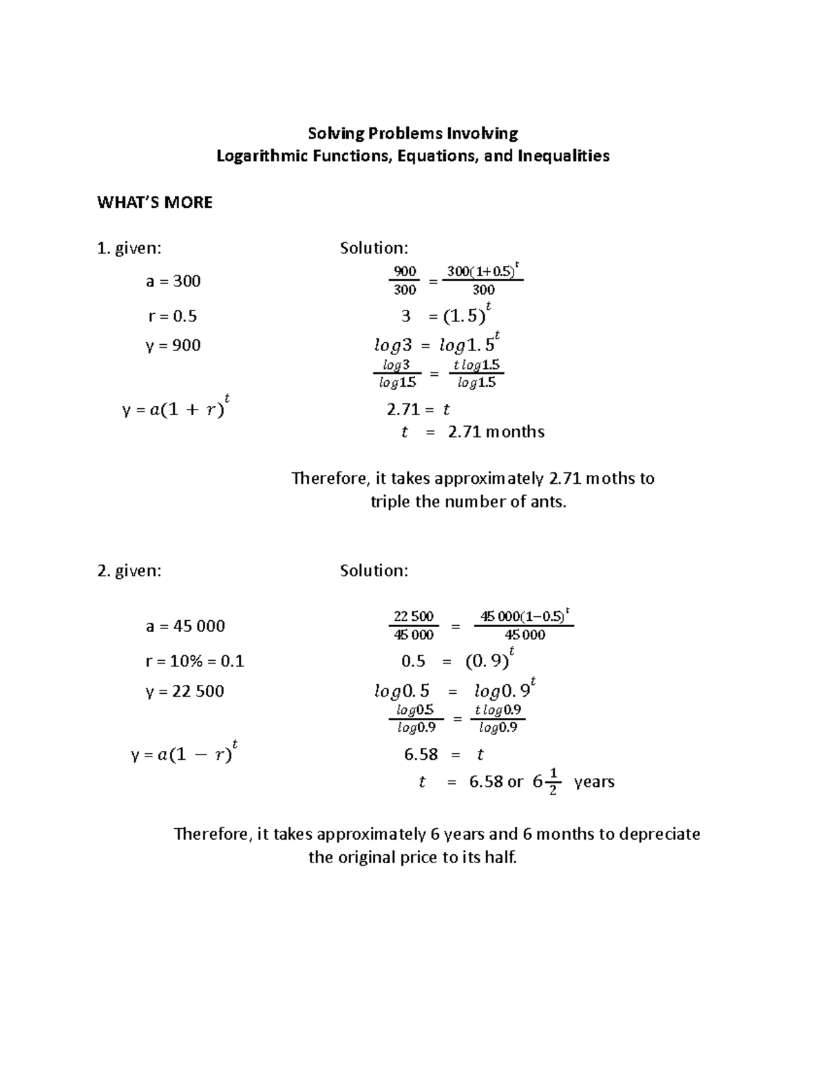 problem solving involving logarithmic functions