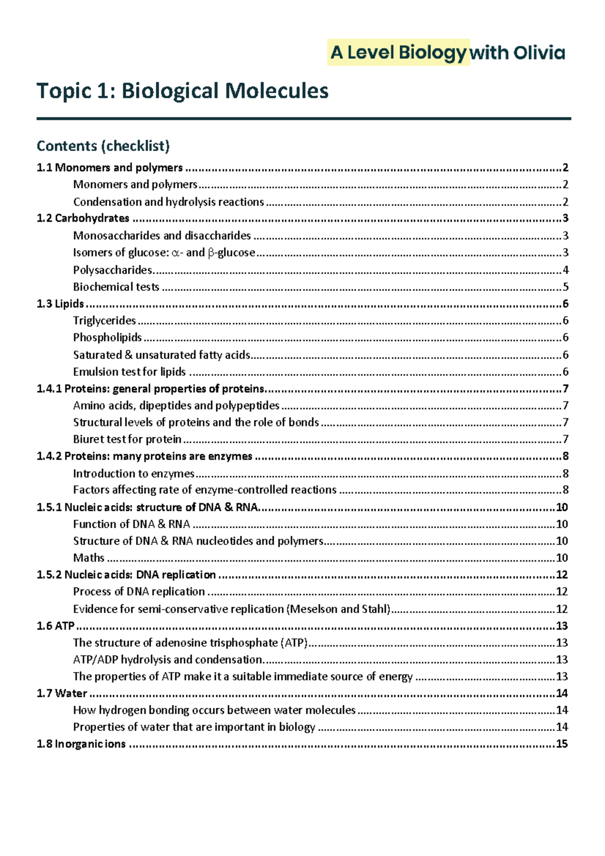 Topic 1 A Level Biology - Test - Topic 1: Biological Molecules 1 ...