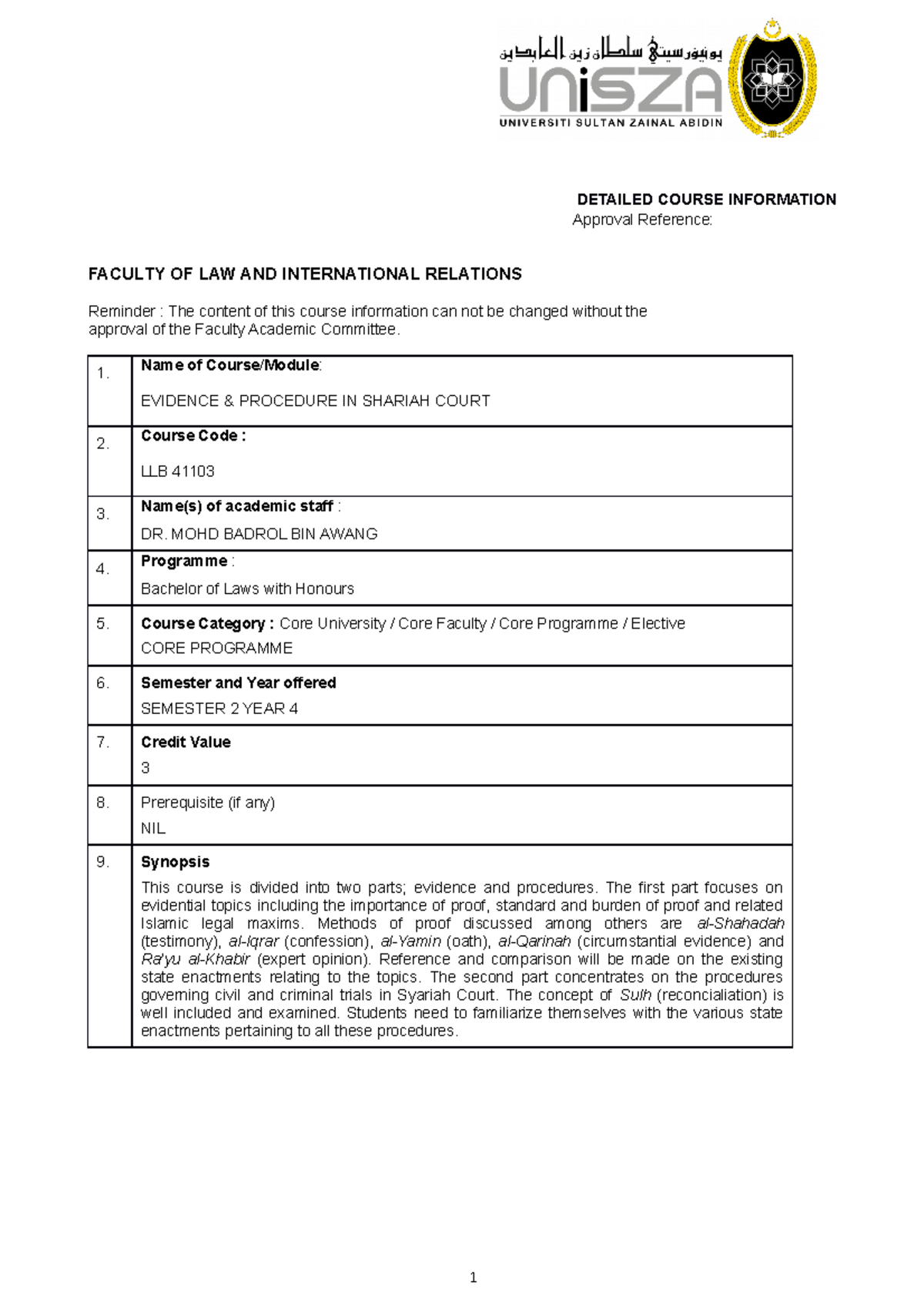 Evidence & Procedure in Syariah Court - DETAILED COURSE INFORMATION ...